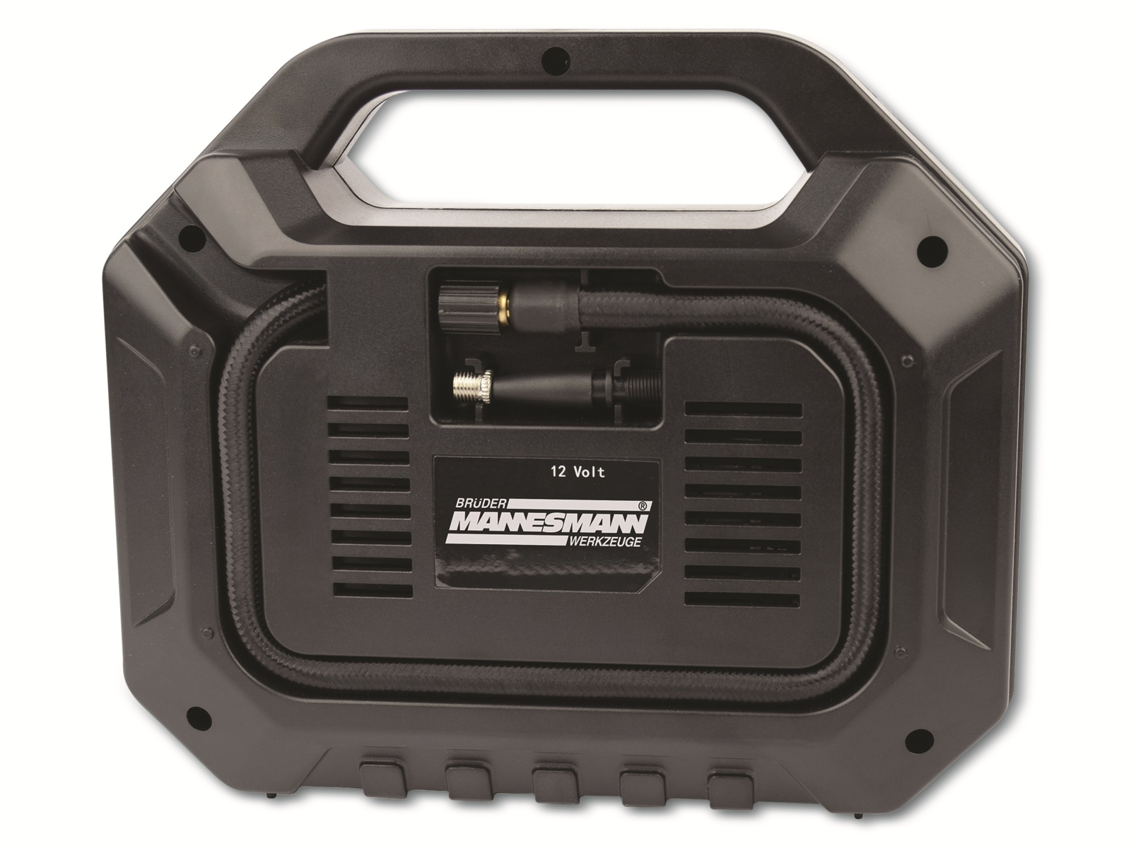 Ein schwarzer Mannesmann Werkzeuge 12 Volt Luftkompressor mit Griff und Spiralschlauch.