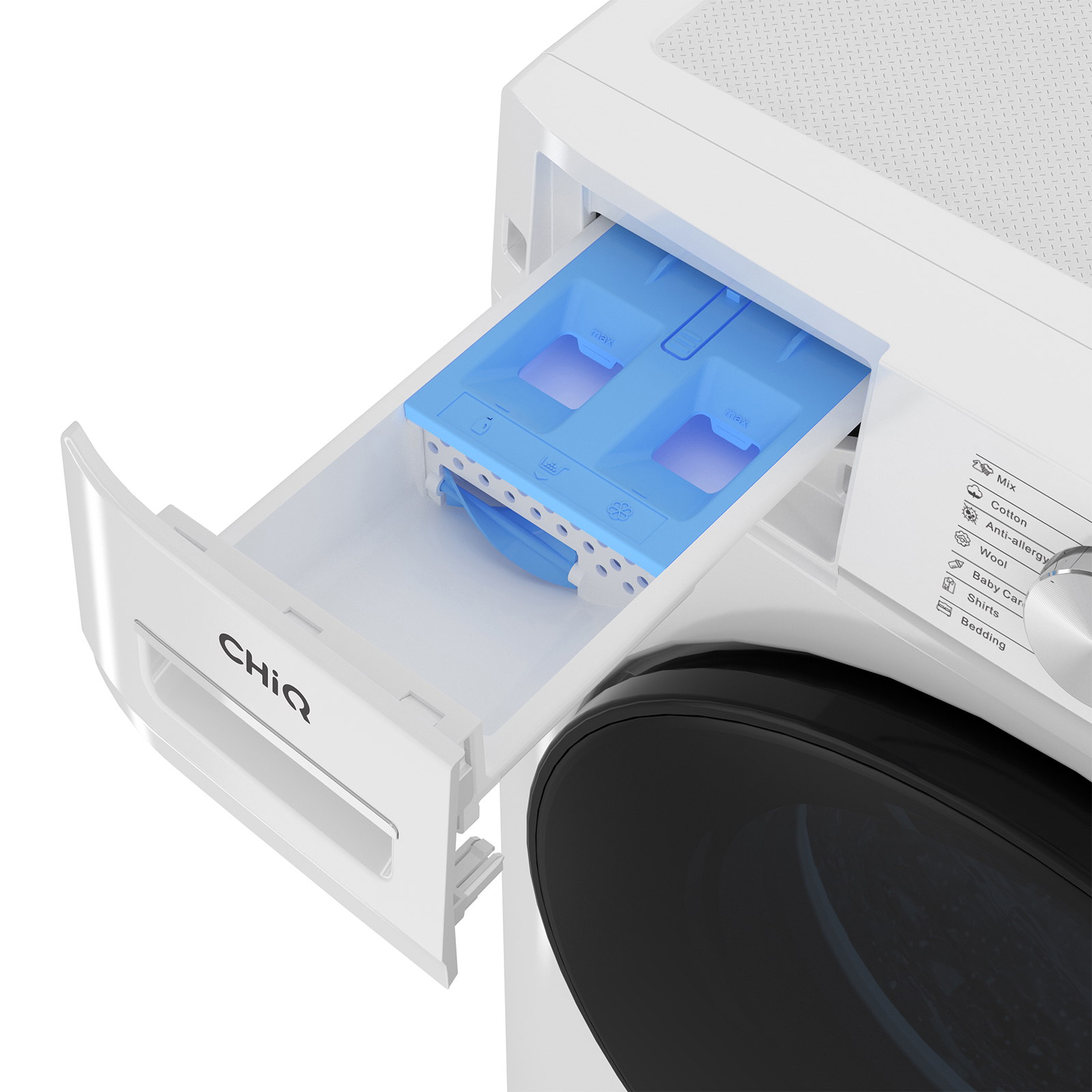 Lave-linge blanc avec tiroir à détergent bleu ouvert, montrant les compartiments.