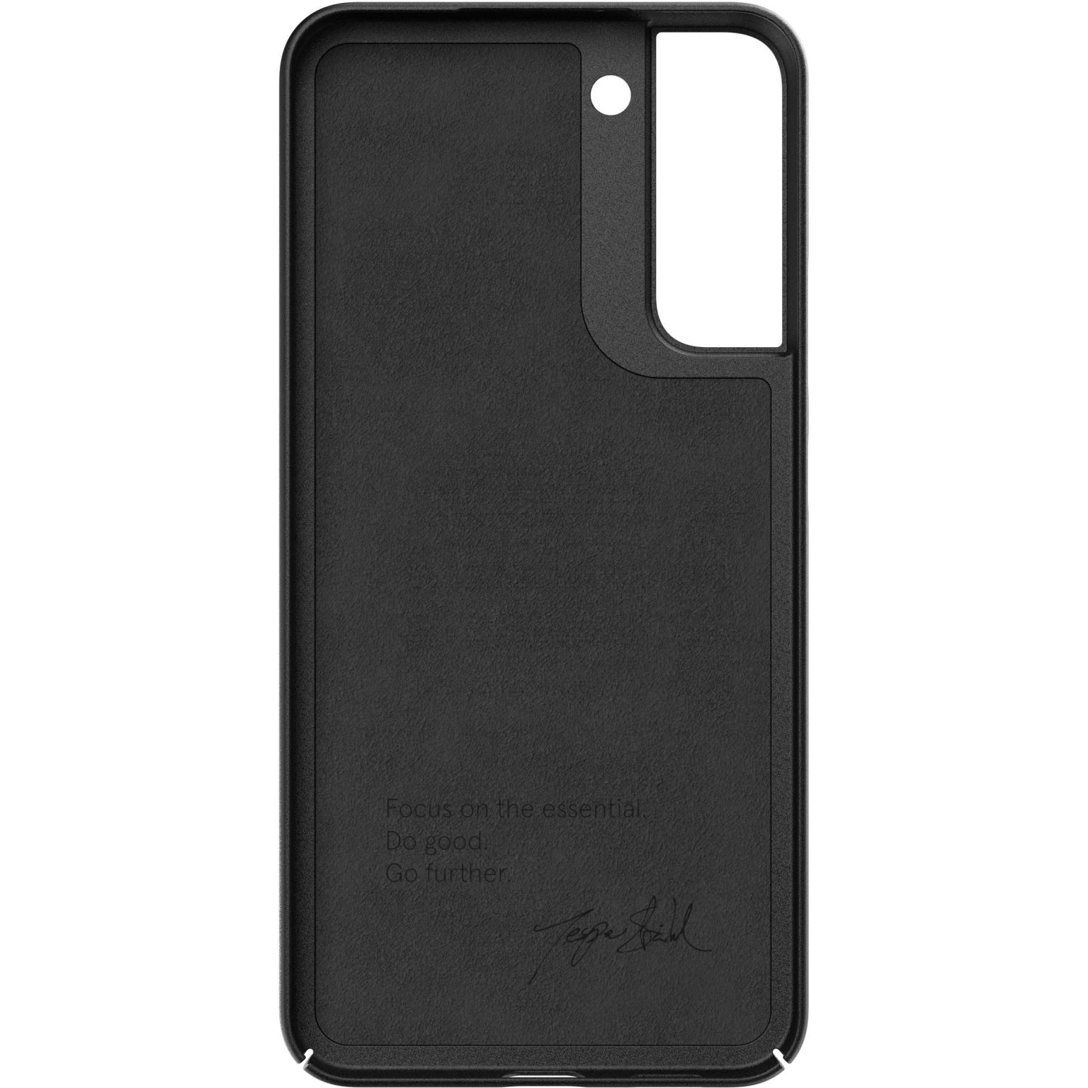Zwarte telefoonhoes binnenkant met tekst: Focus op het essentiële. Doe goed. Ga verder. Handtekening.