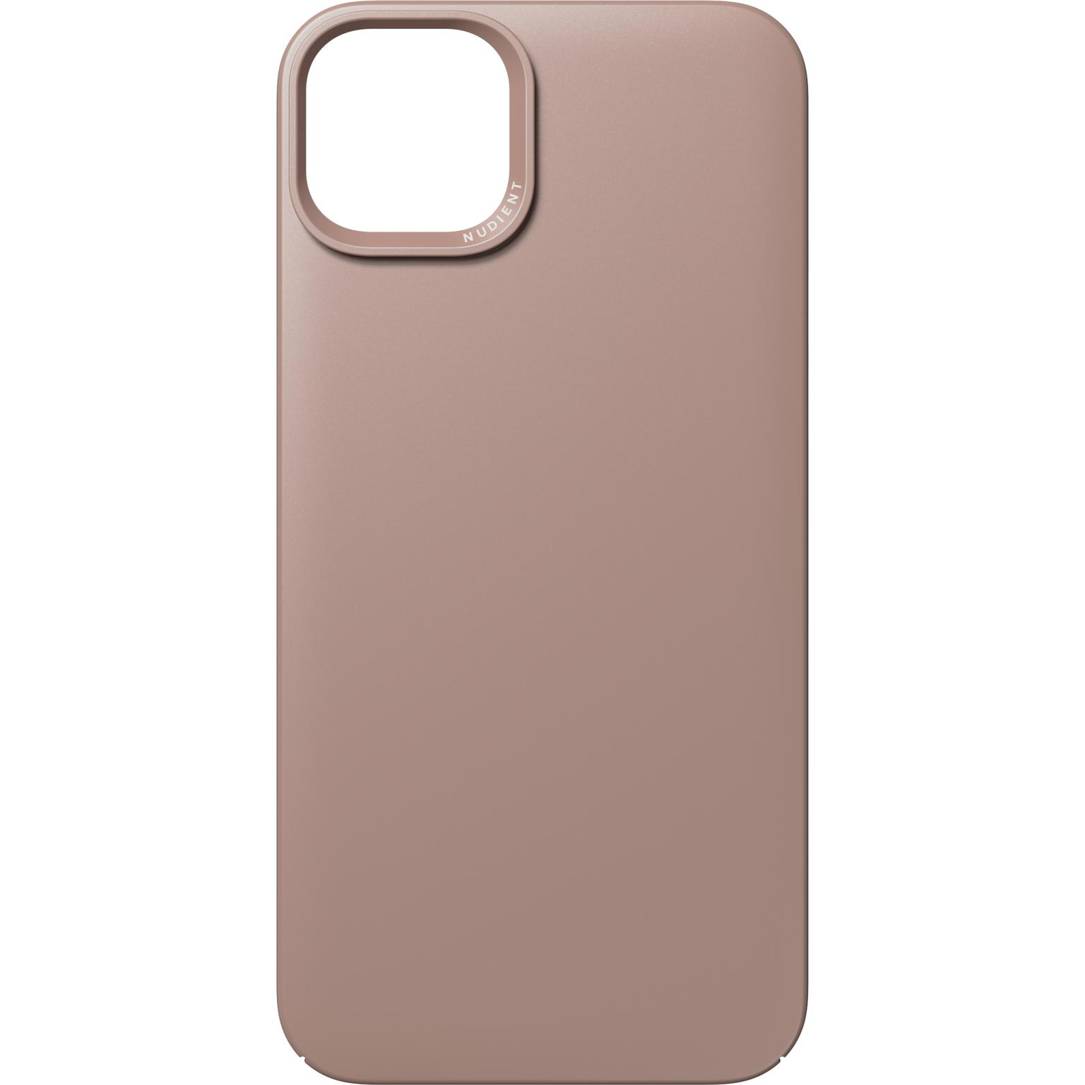 Roze telefoonhoesje. Camera-uitsparing bovenaan. Merknaam NUDIENT zichtbaar.
