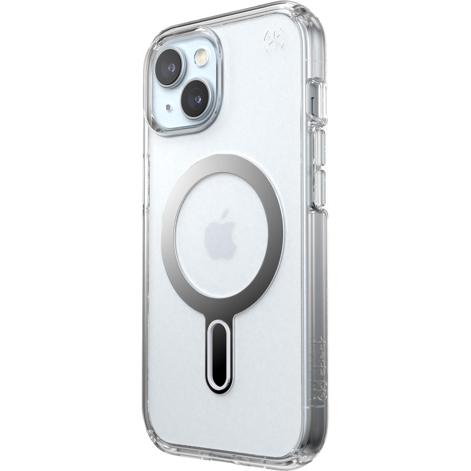 Transparante telefoonhoes op iPhone. Cameralenzen zichtbaar. Apple logo op de achterkant.