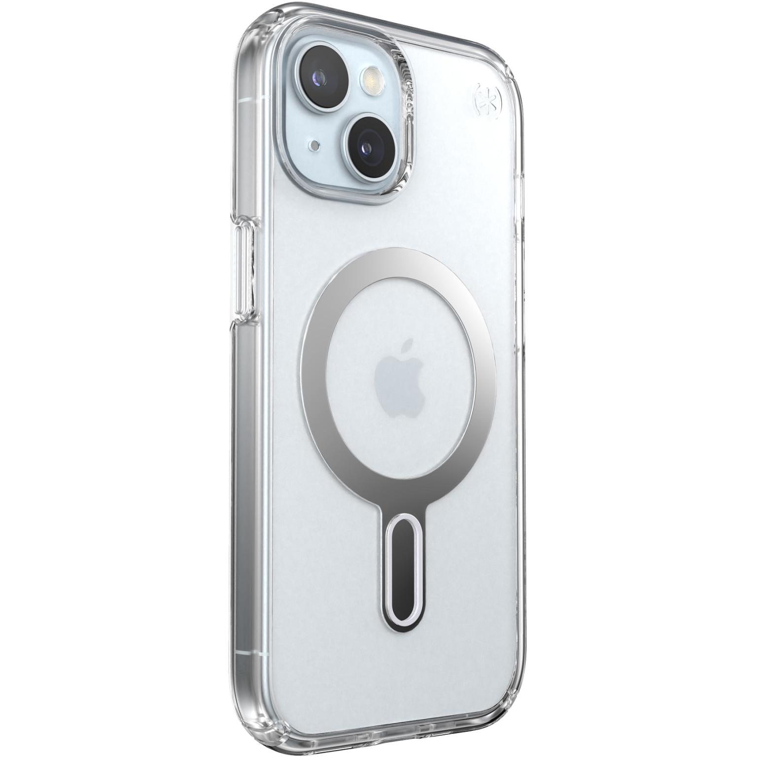 Transparante telefoonhoes met een zilveren ring rond het Apple-logo, voor een iPhone.