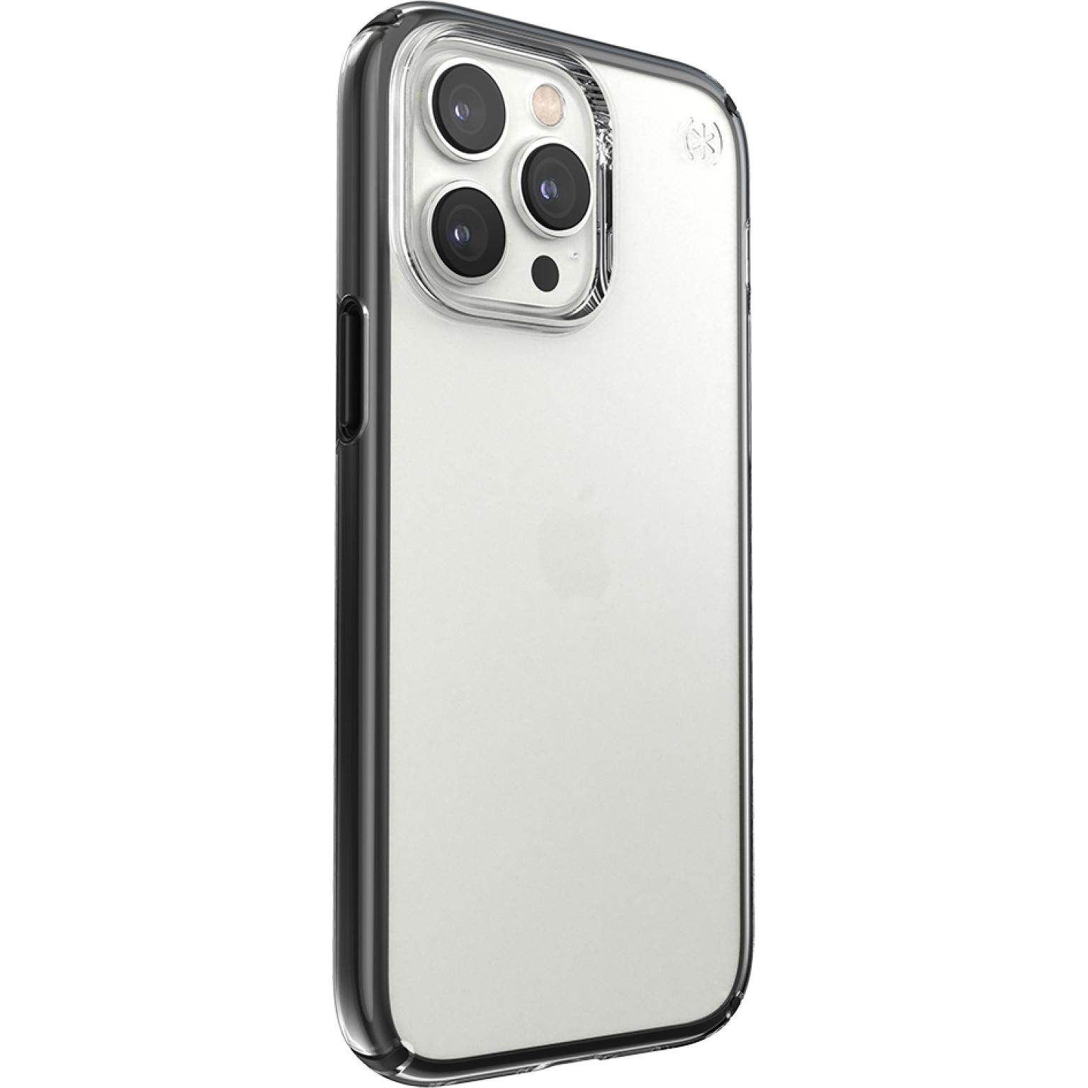 Een doorzichtige telefoonhoes met drie camera's en een zwart frame.