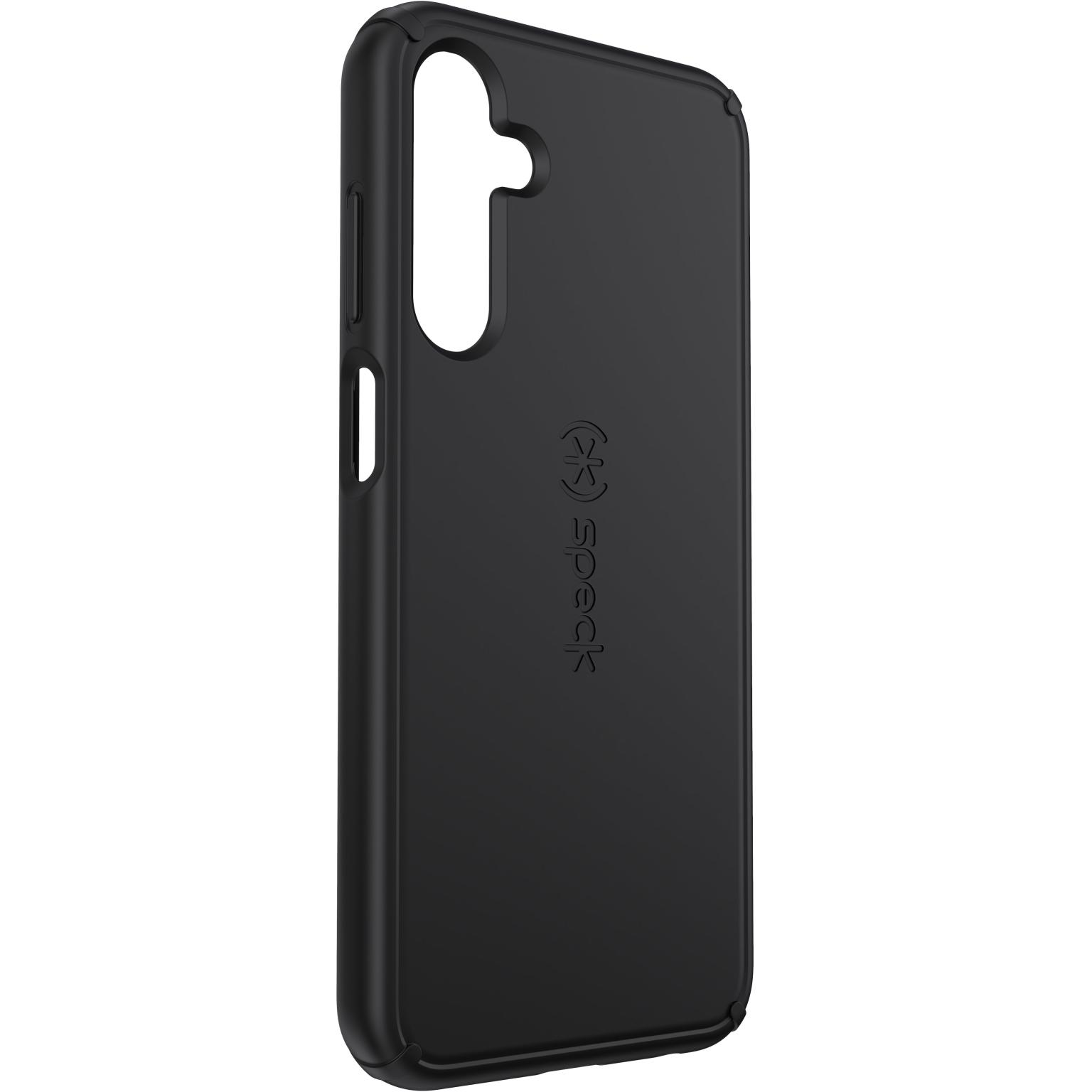 Zwarte telefoonhoes met een Speck-logo.  Openingen voor de camera en de flitser.