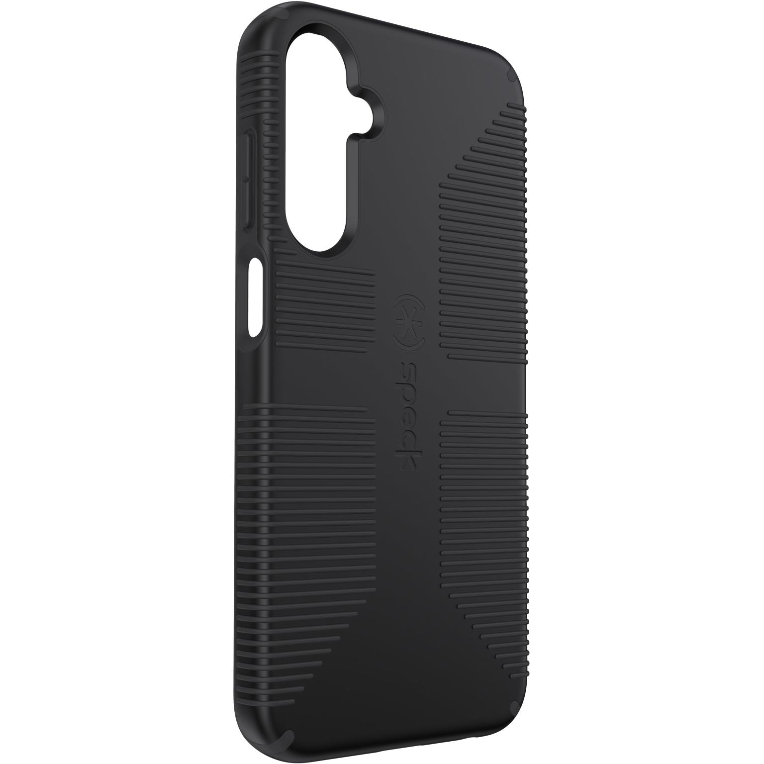 Black phone case with textured lines, logo, and camera cutouts.
