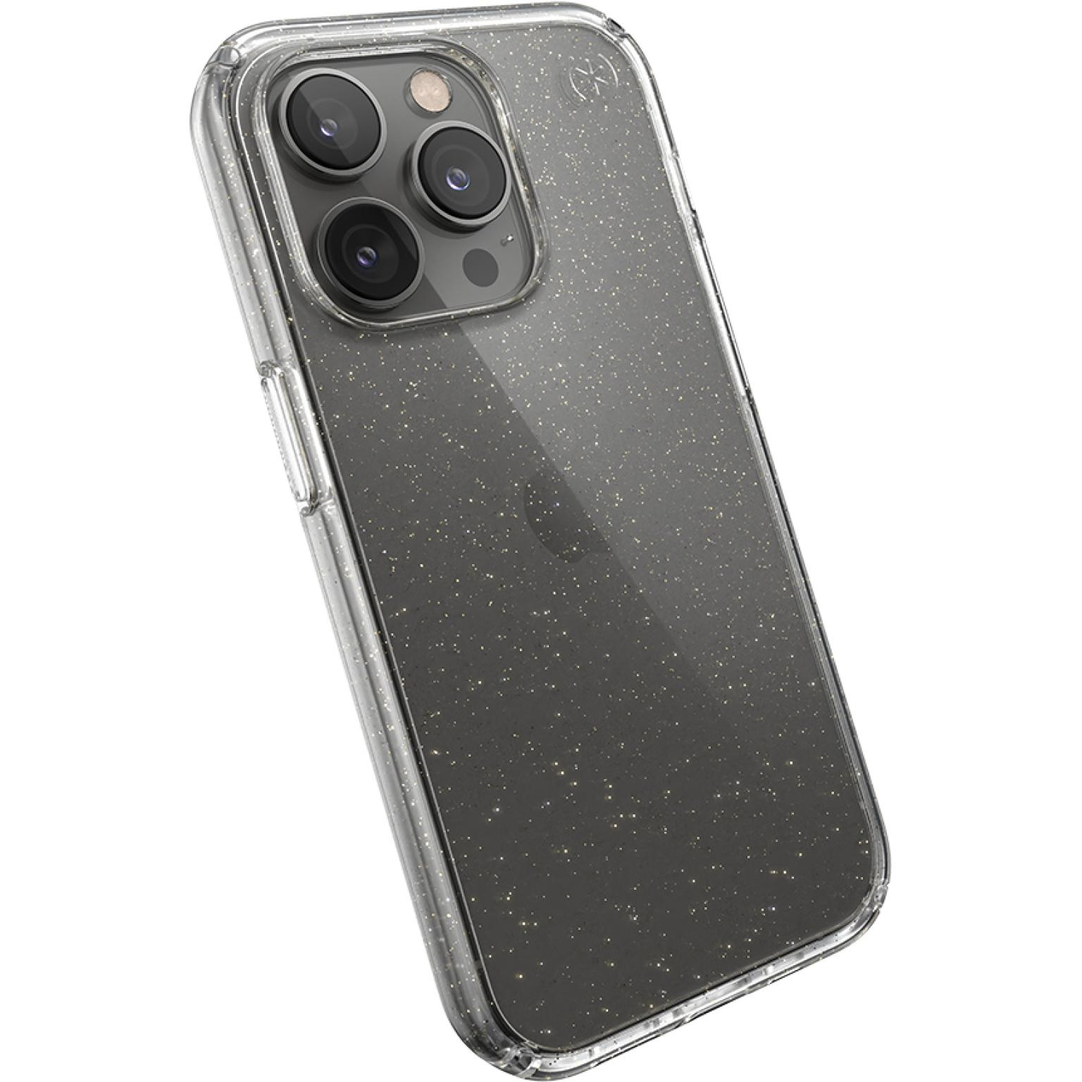 Custodia trasparente per telefono con glitter. Tripla fotocamera e design trasparente.