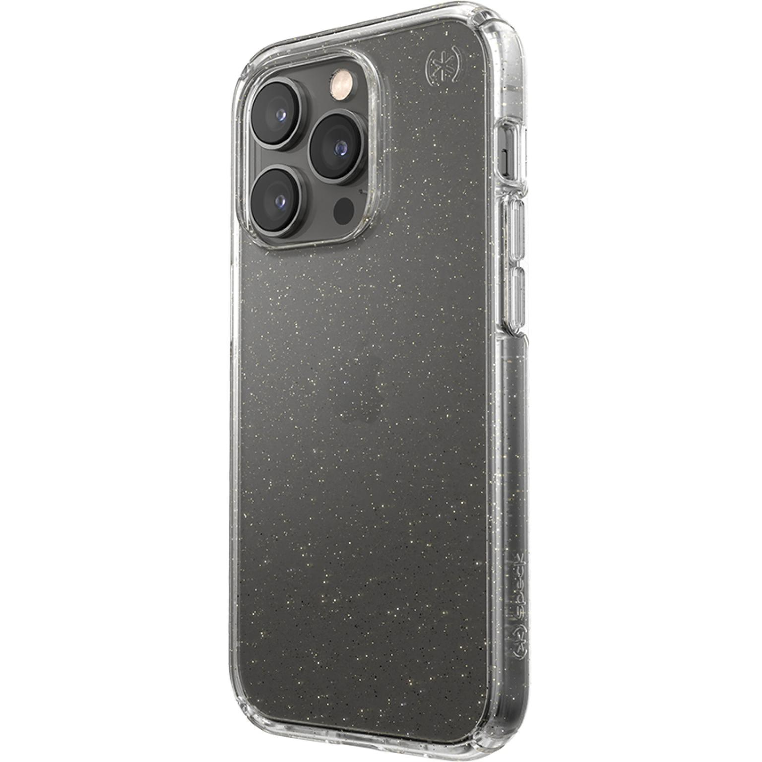 Custodia trasparente con glitter e più lenti della fotocamera.