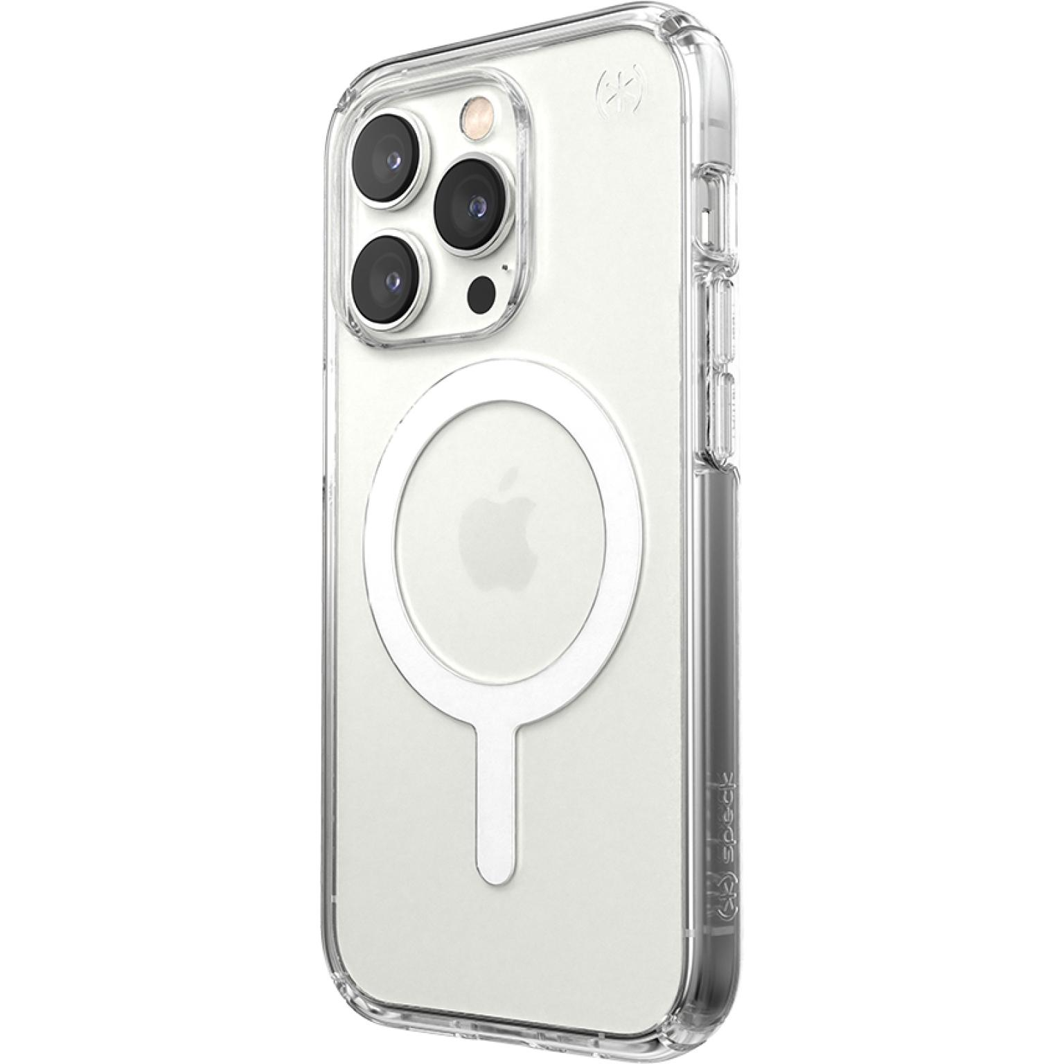 Transparente Handyhülle auf weißem Hintergrund. Sie bedeckt ein weißes Telefon mit drei Rückkameras und einem Apple-Logo.
