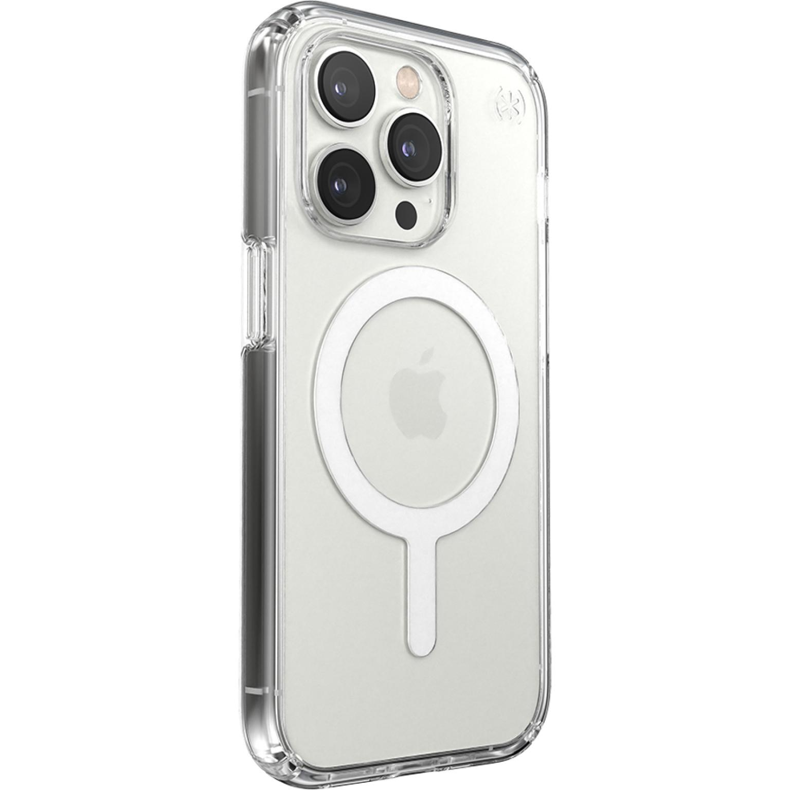 Transparente Handyhülle mit weißem Kreis und Apple-Logo auf der Rückseite.