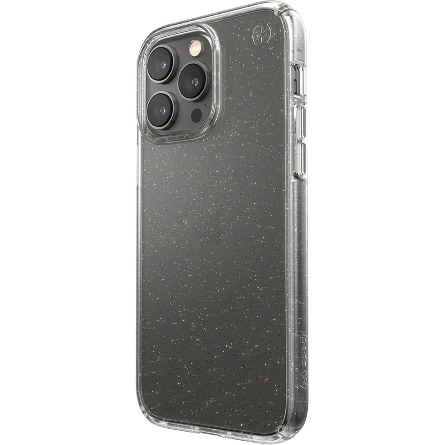 Transparante telefoonhoes met glitter op een telefoon. Op witte achtergrond.