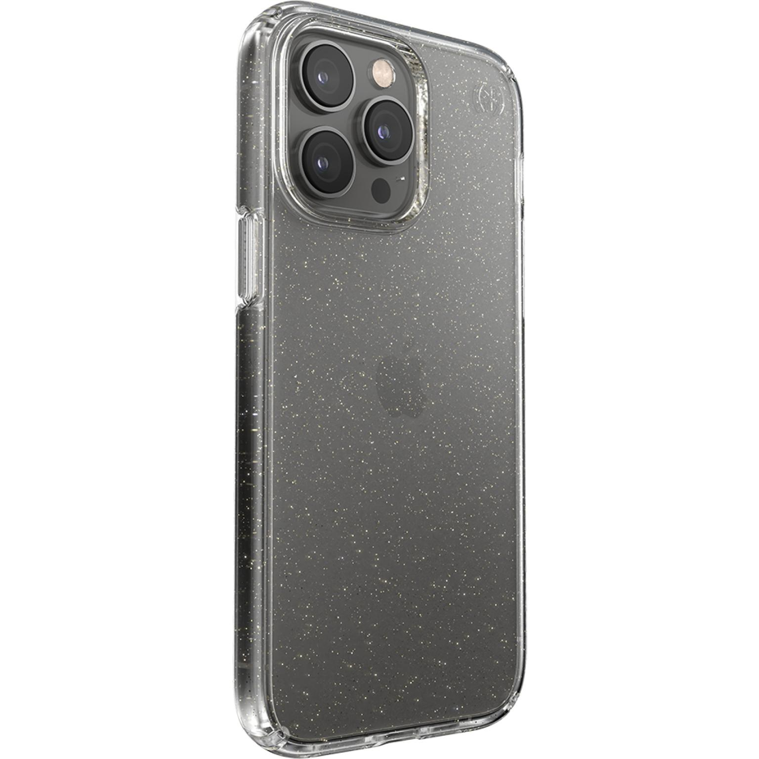 Transparante telefoonhoes met glitter, beschermt een telefoon met drievoudige cameralenzen.