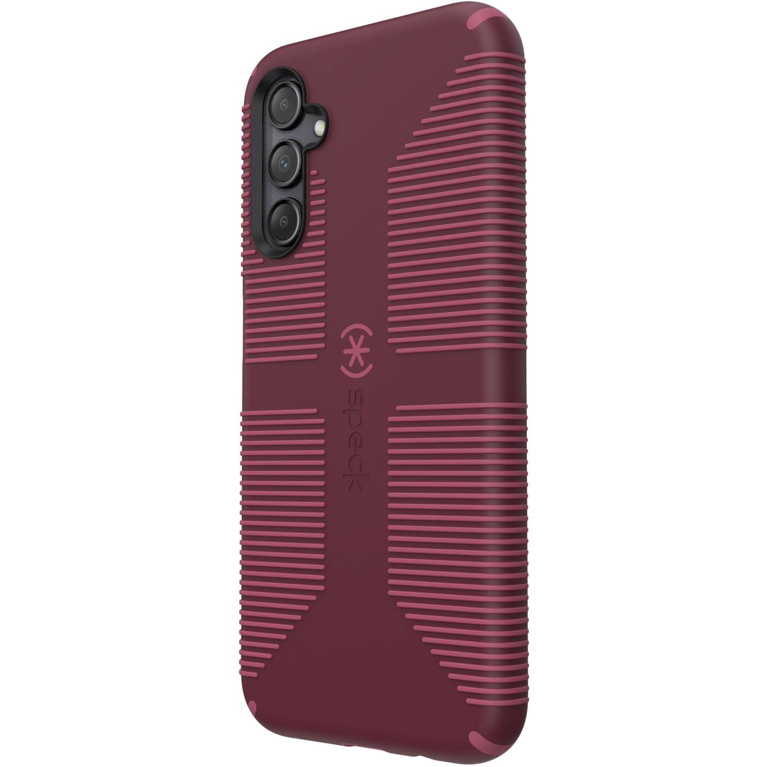 A maroon phone case with a textured design, logo, and three cameras on top.