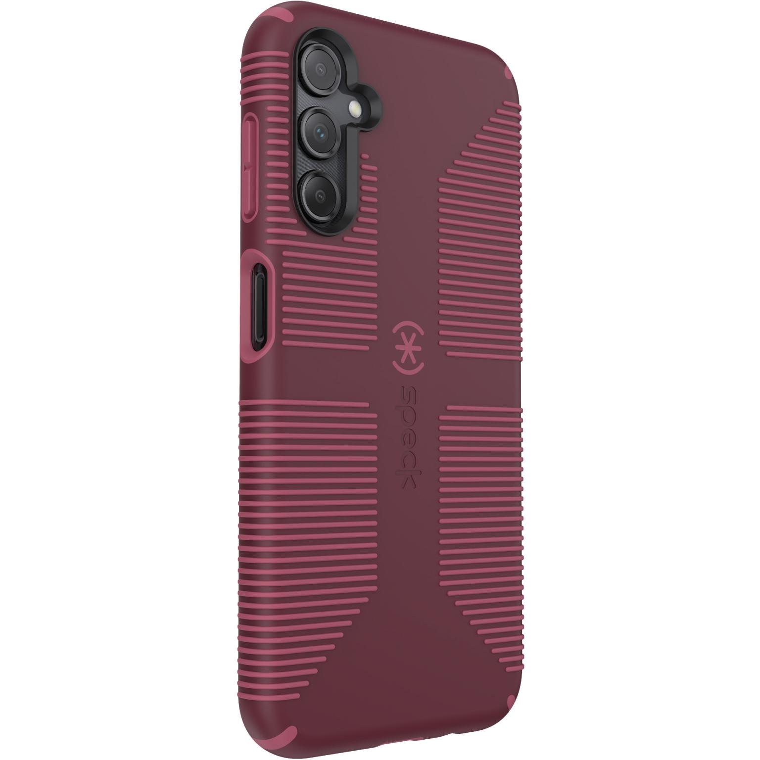 A phone case with a red pattern. There is a phone with three camera lenses. The word 