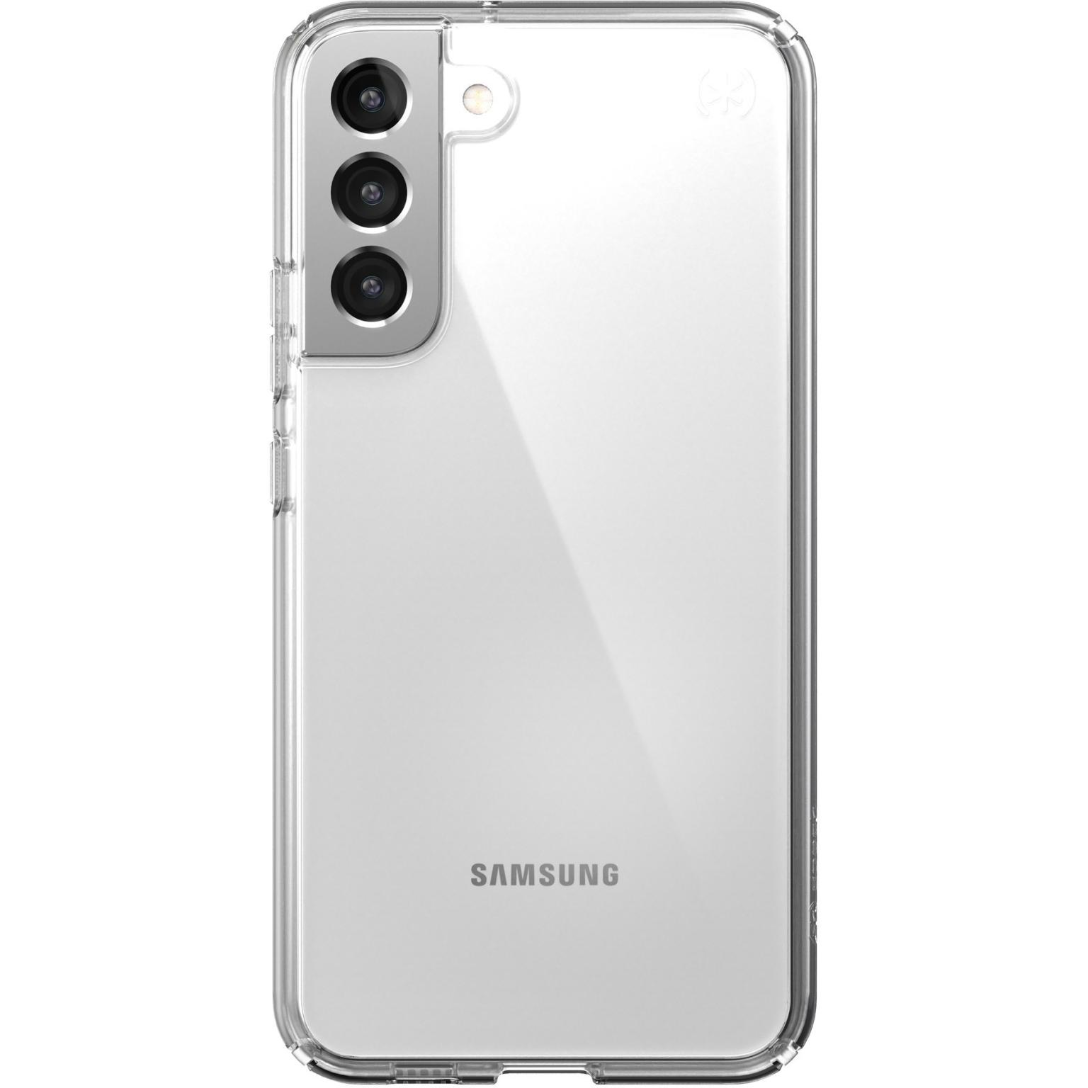 Custodia trasparente su un telefono Samsung. Tripla fotocamera visibile. Sfondo bianco.