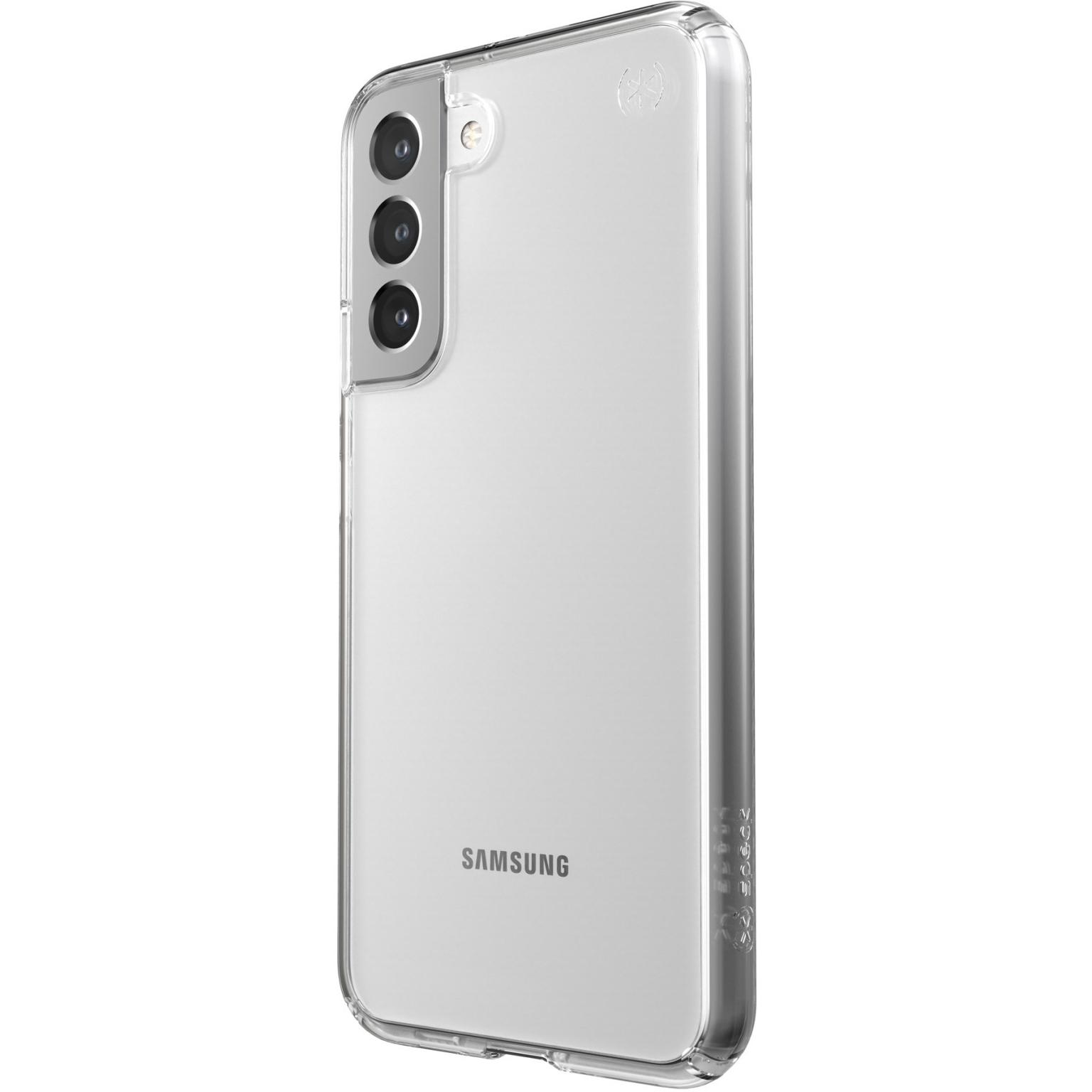 Custodia trasparente con tre fotocamere e logo Samsung visibile.