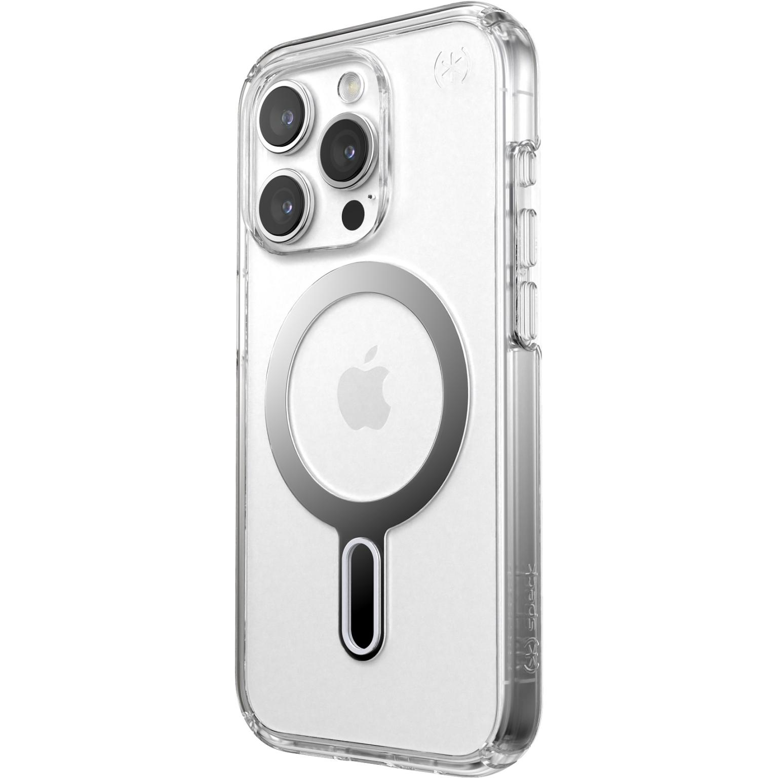 Funda transparente en un teléfono. Logotipo de Apple visible. Anillo magnético circular.