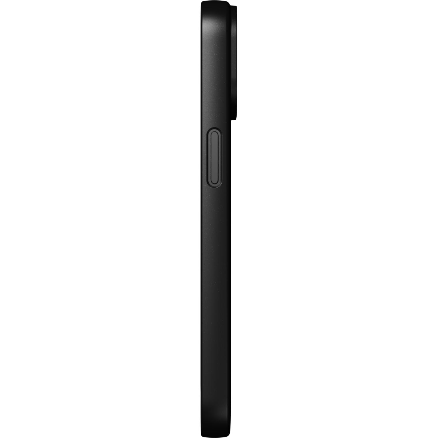 Een zwarte telefoonhoes, zijaanzicht met knoppen.