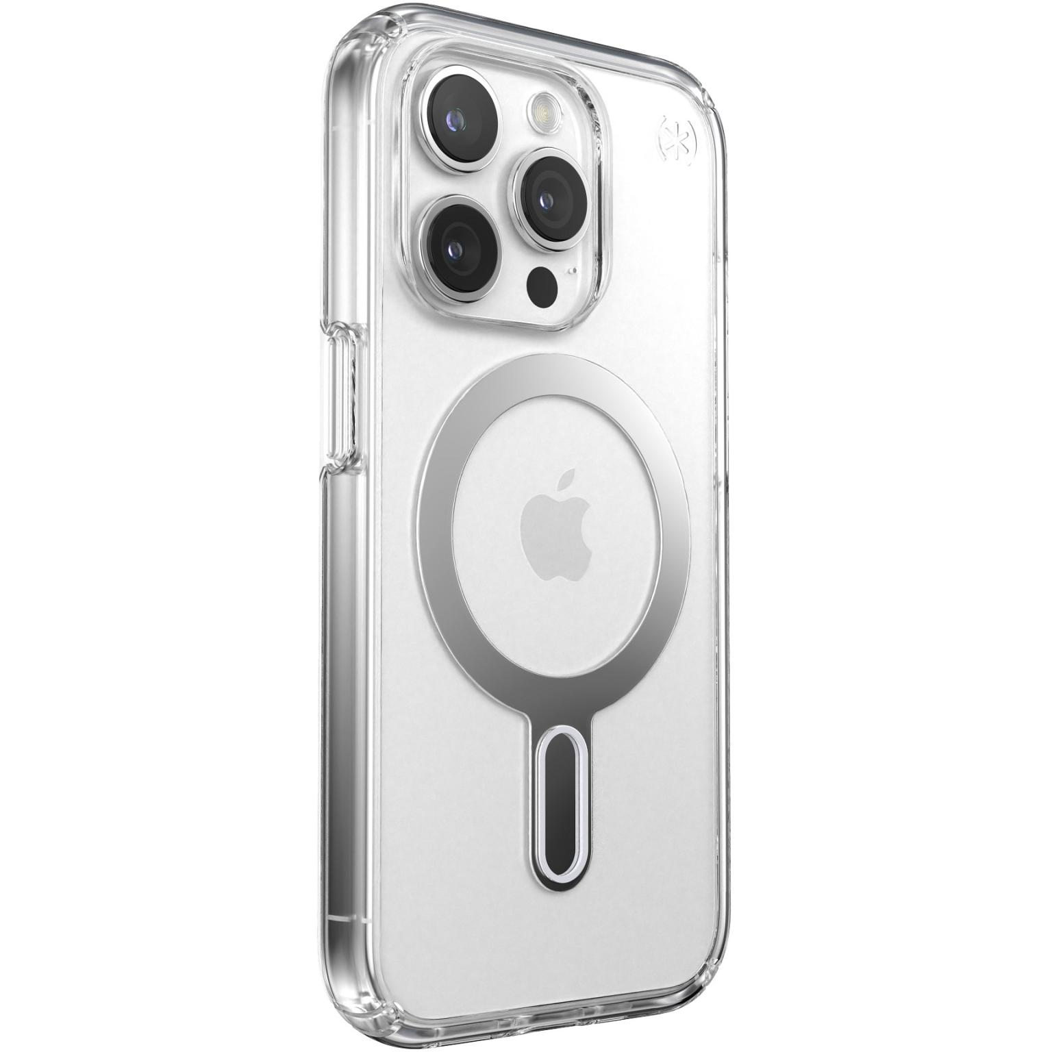 Funda transparente para iPhone con anillo MagSafe. Sobre superficie blanca, logo Apple.