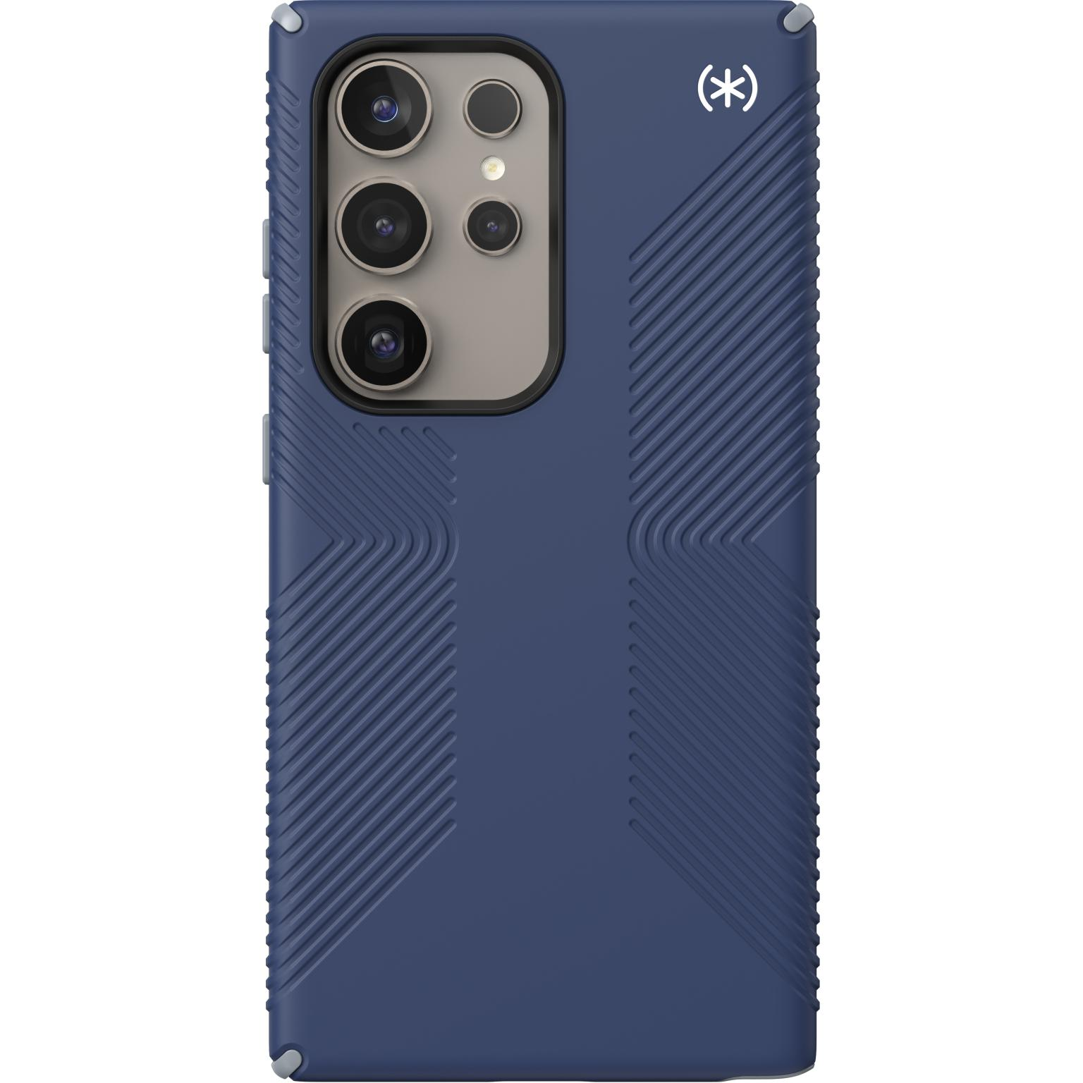 Blue phone case with camera cutout and ribbed design. Speck logo on the top right.