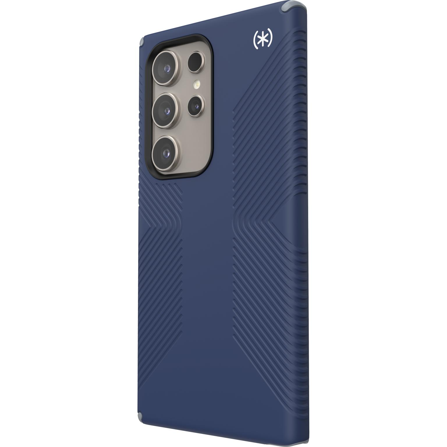 Navy blue phone case with three camera lenses and a textured design.