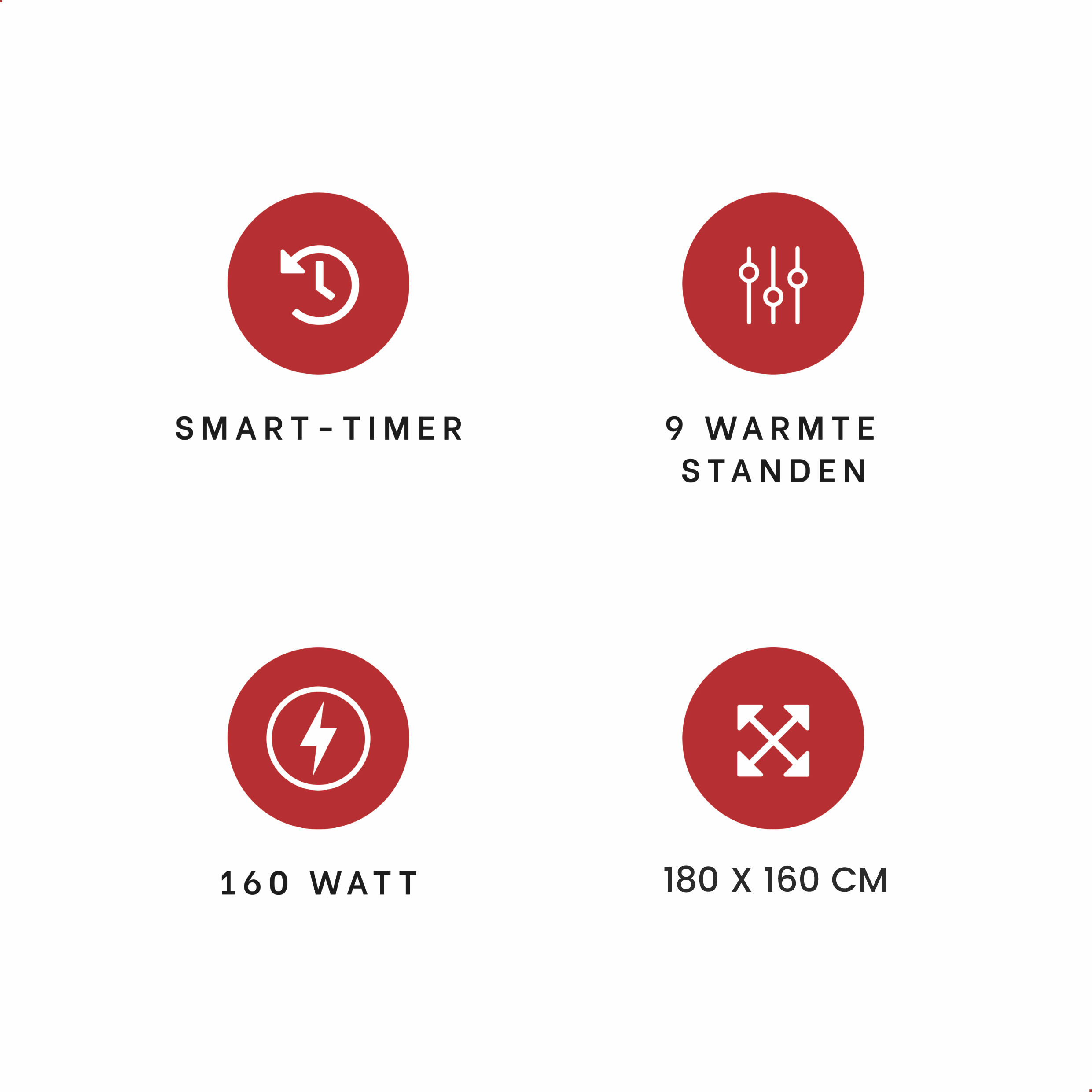 Red icons with white text: smart timer, 9 warm settings, 160 watts, and 180x160 cm.