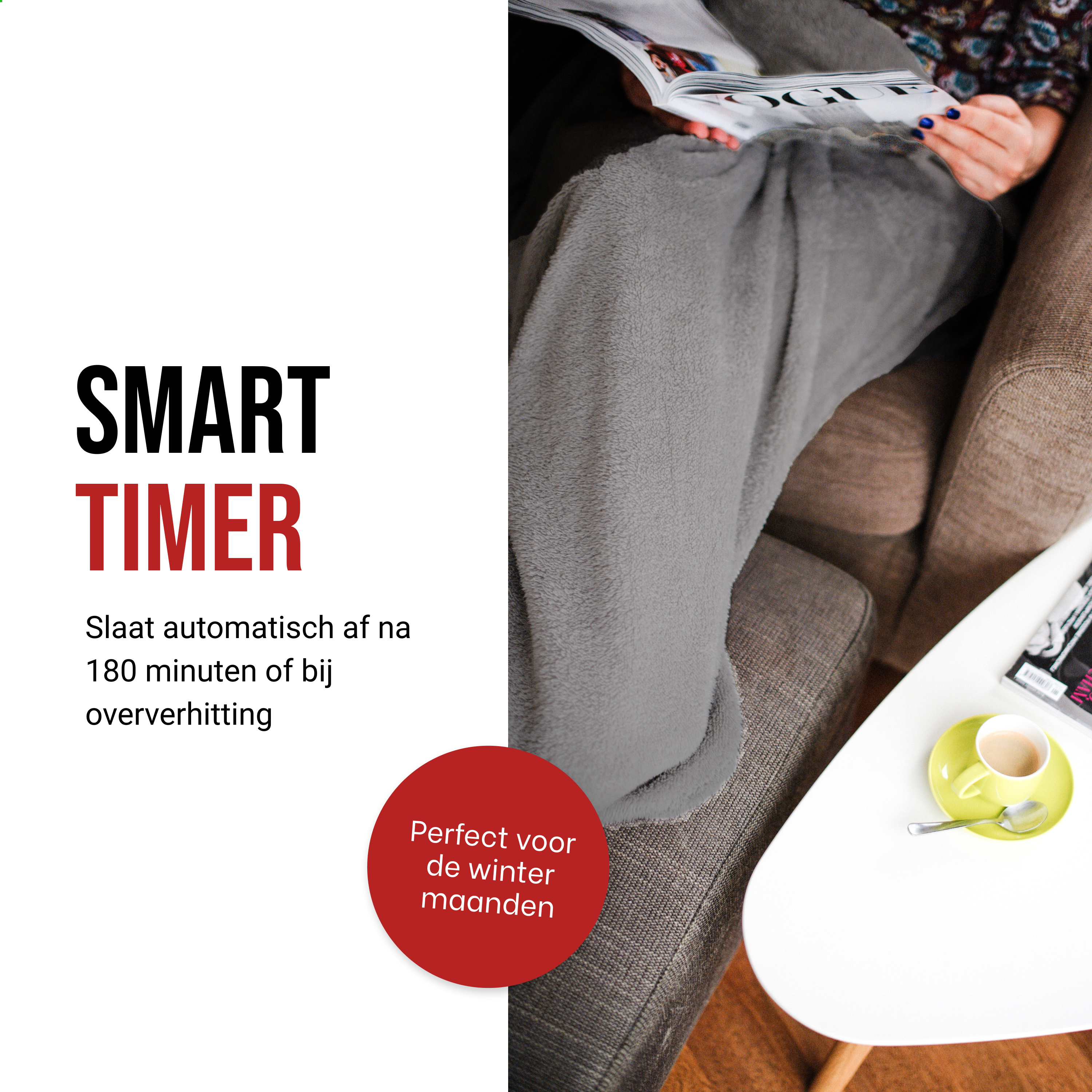 Image with a text overlay: Smart Timer, a person reading, a coffee cup, and a white table.