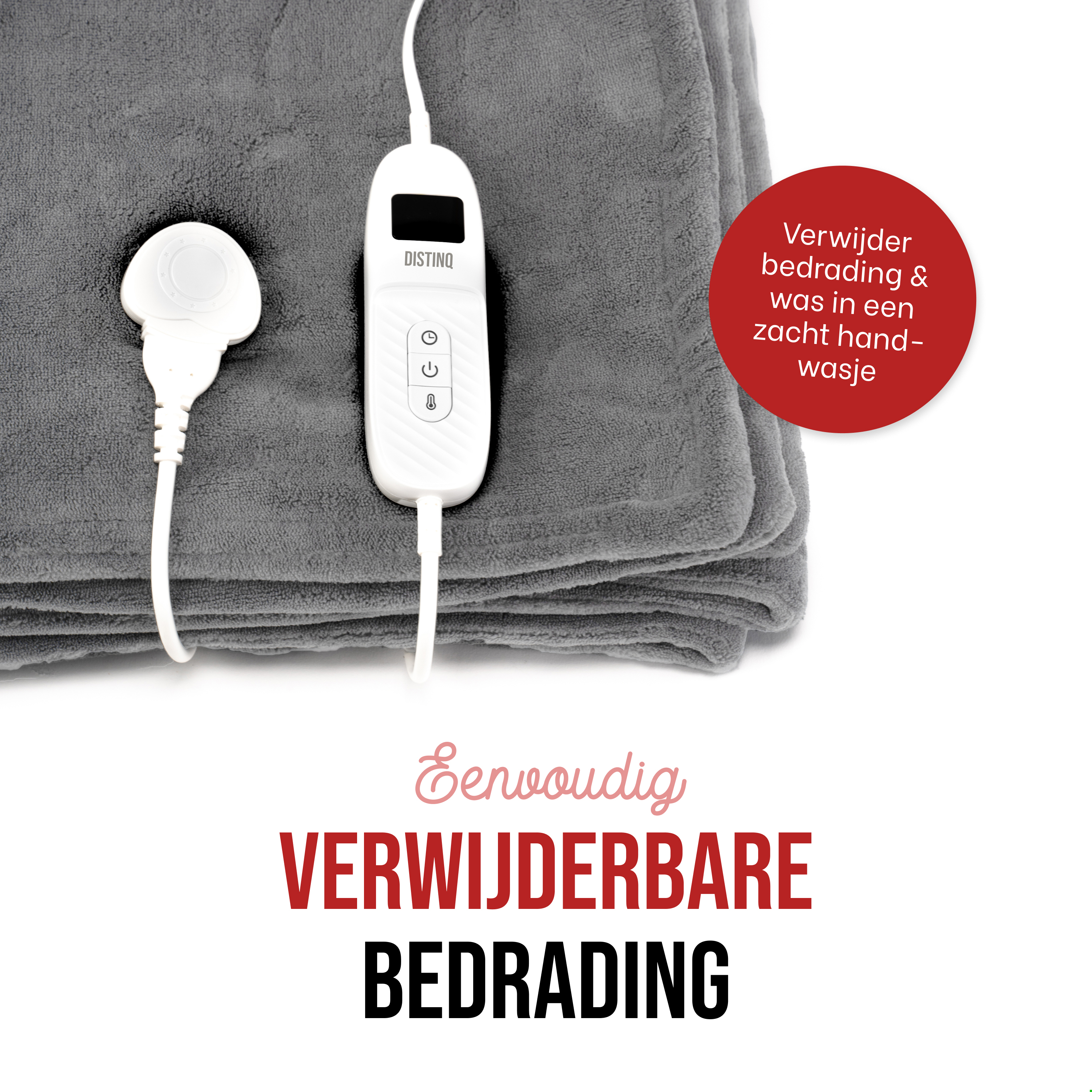 Grey heated blanket with a white controller. Red circle with text. White background.