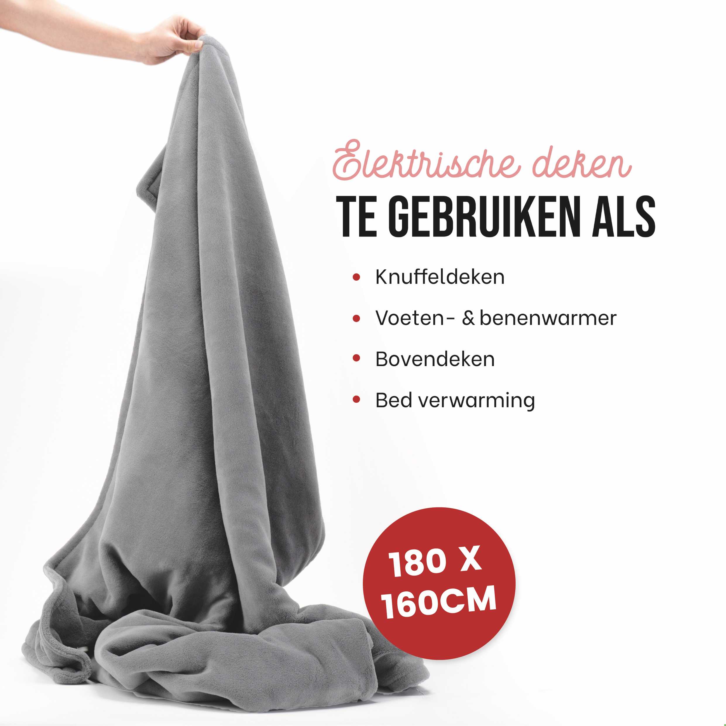 Gray electric blanket held by hand. Text in Dutch, with dimensions 180x160cm.