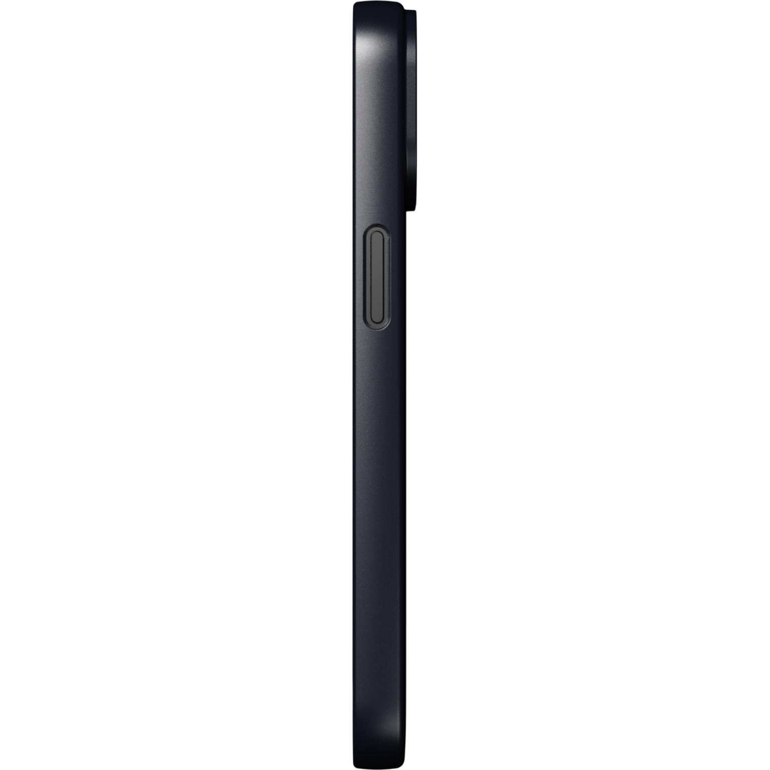 Vue latérale d'un téléphone noir avec une caméra et un bouton.