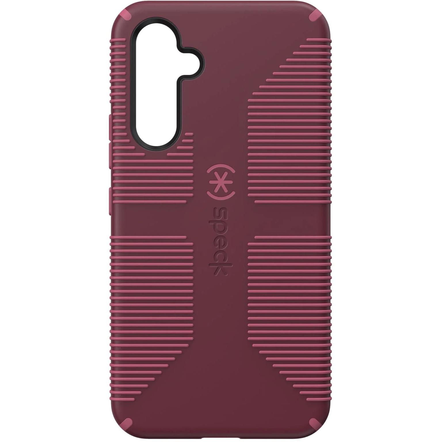 Burgundy phone case. Speck logo. Textured back. Horizontal line design.