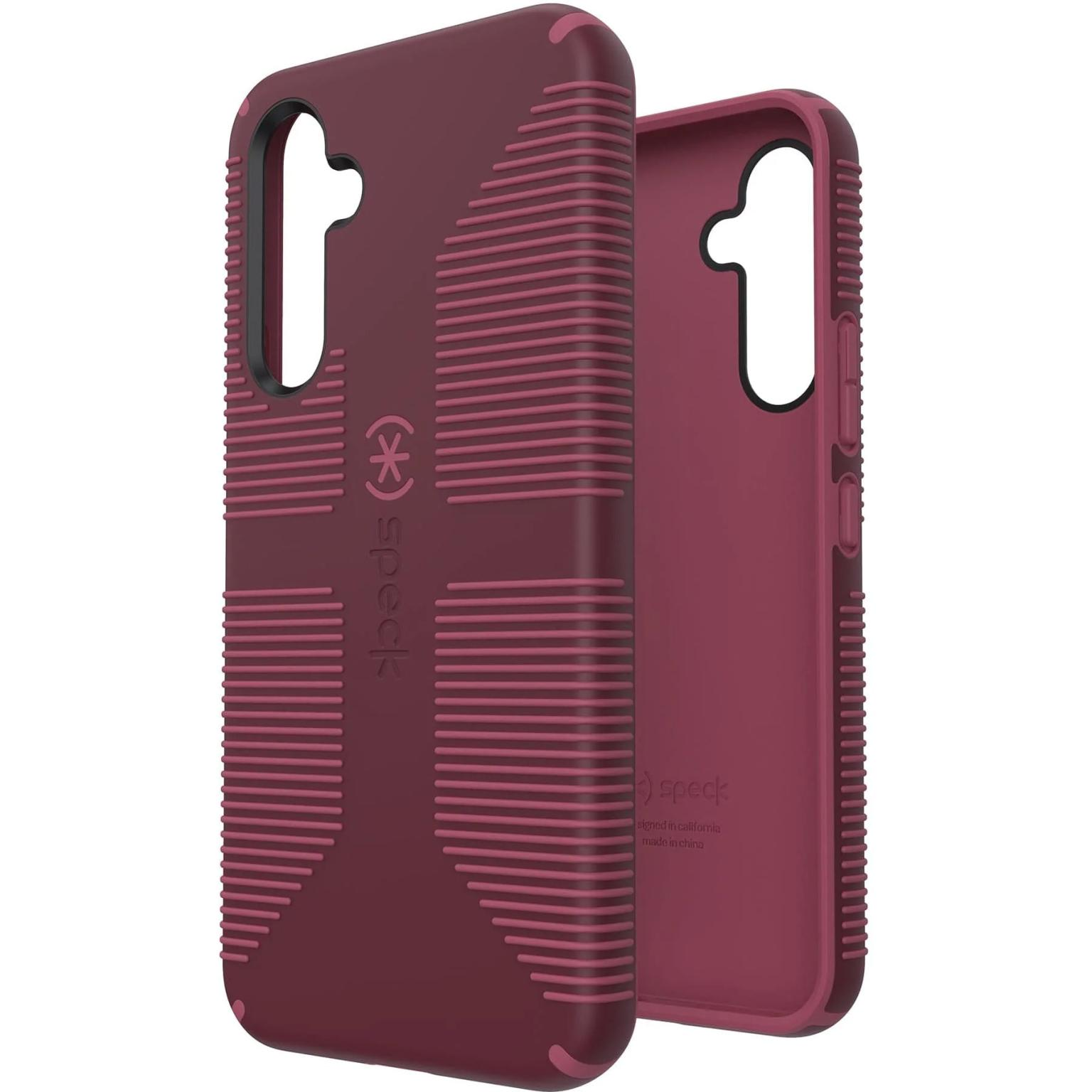 Phone case open, red and maroon, with ribbed design and a camera cutout.