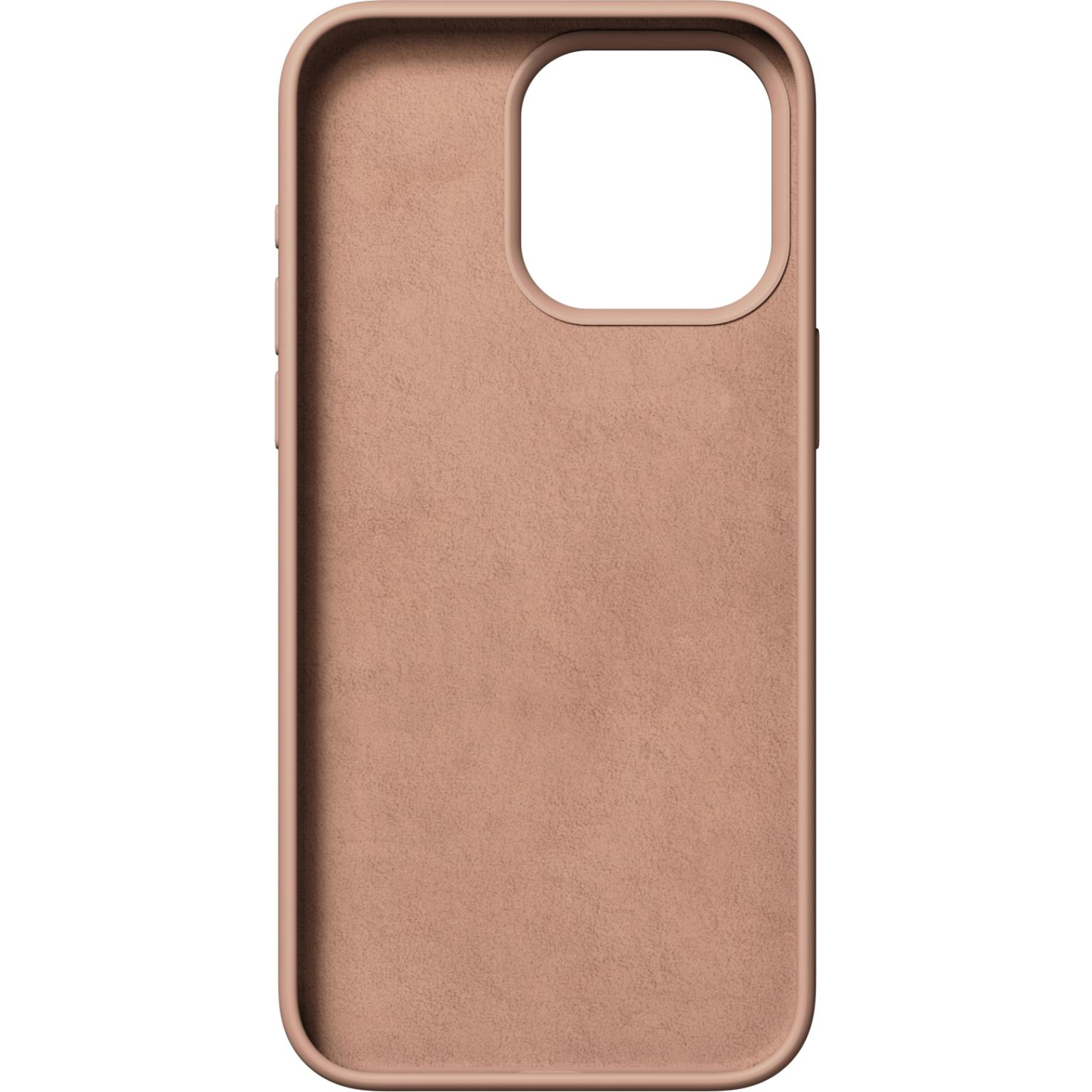Een telefoonhoesje in een lichtbruine kleur. Het heeft een glad oppervlak en een uitsparing voor de camera.