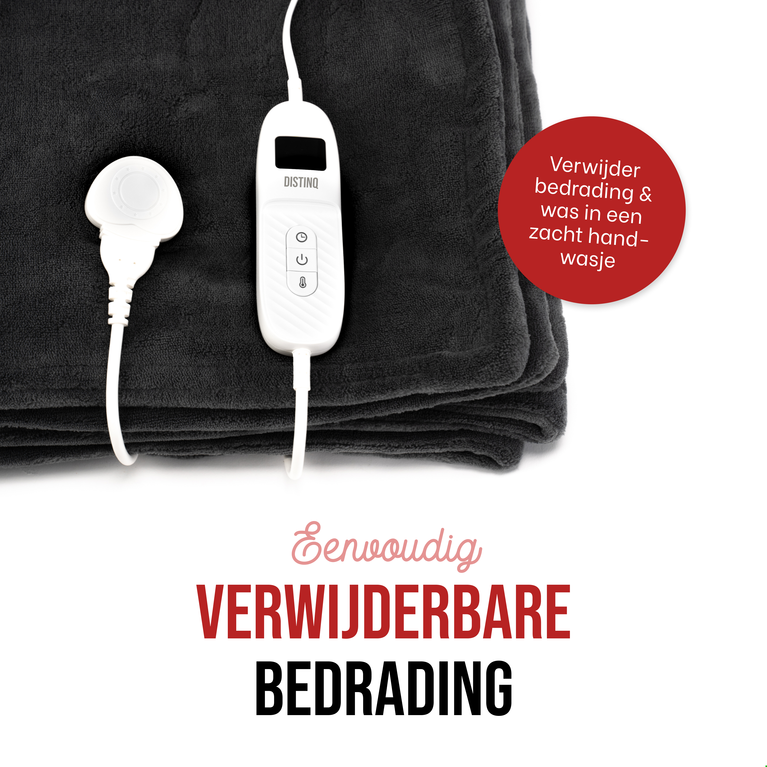 A dark gray blanket with a white control panel and a red circle with text in Dutch.