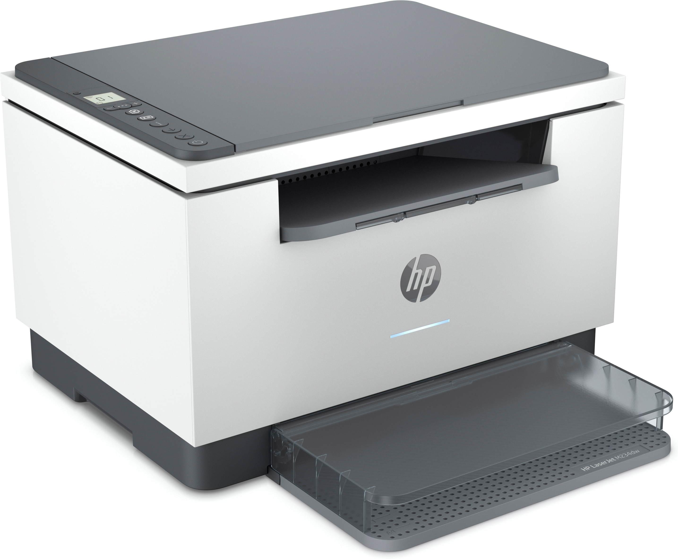 Una stampante HP bianca e grigia con vassoio carta. La stampante ha un display e il logo HP.
