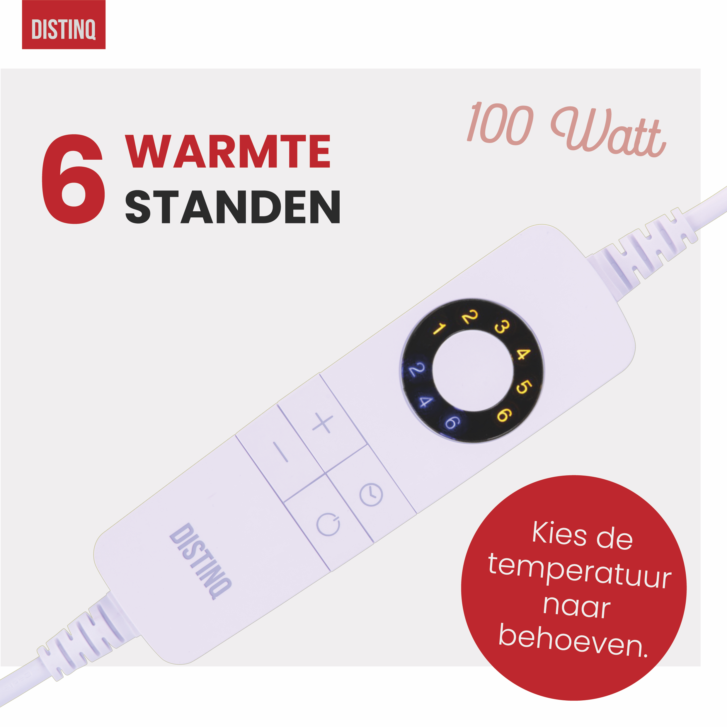 White heating pad controller with 6 settings. Red circle states, "Choose temperature as needed."