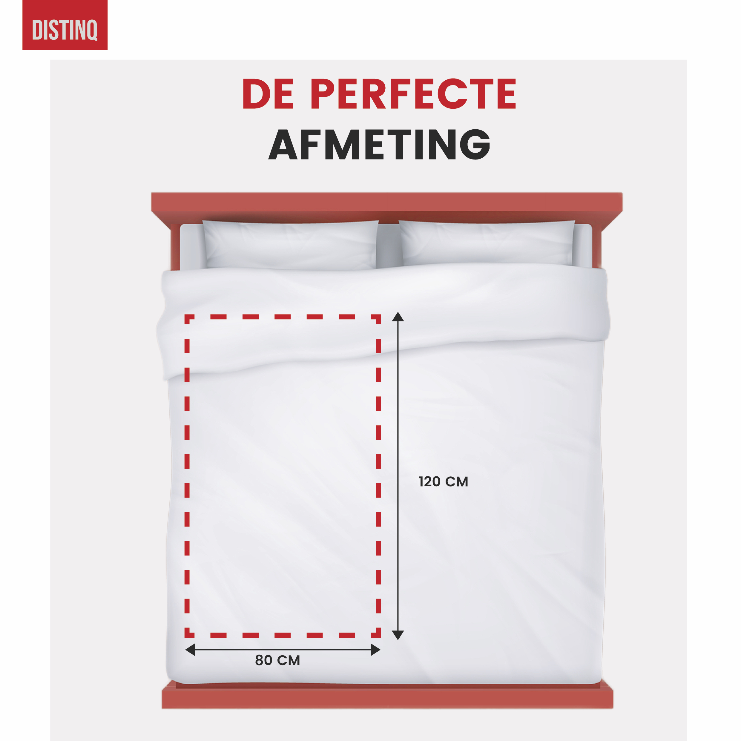 Bed with white sheets, red frame, and a dashed rectangle indicating size.