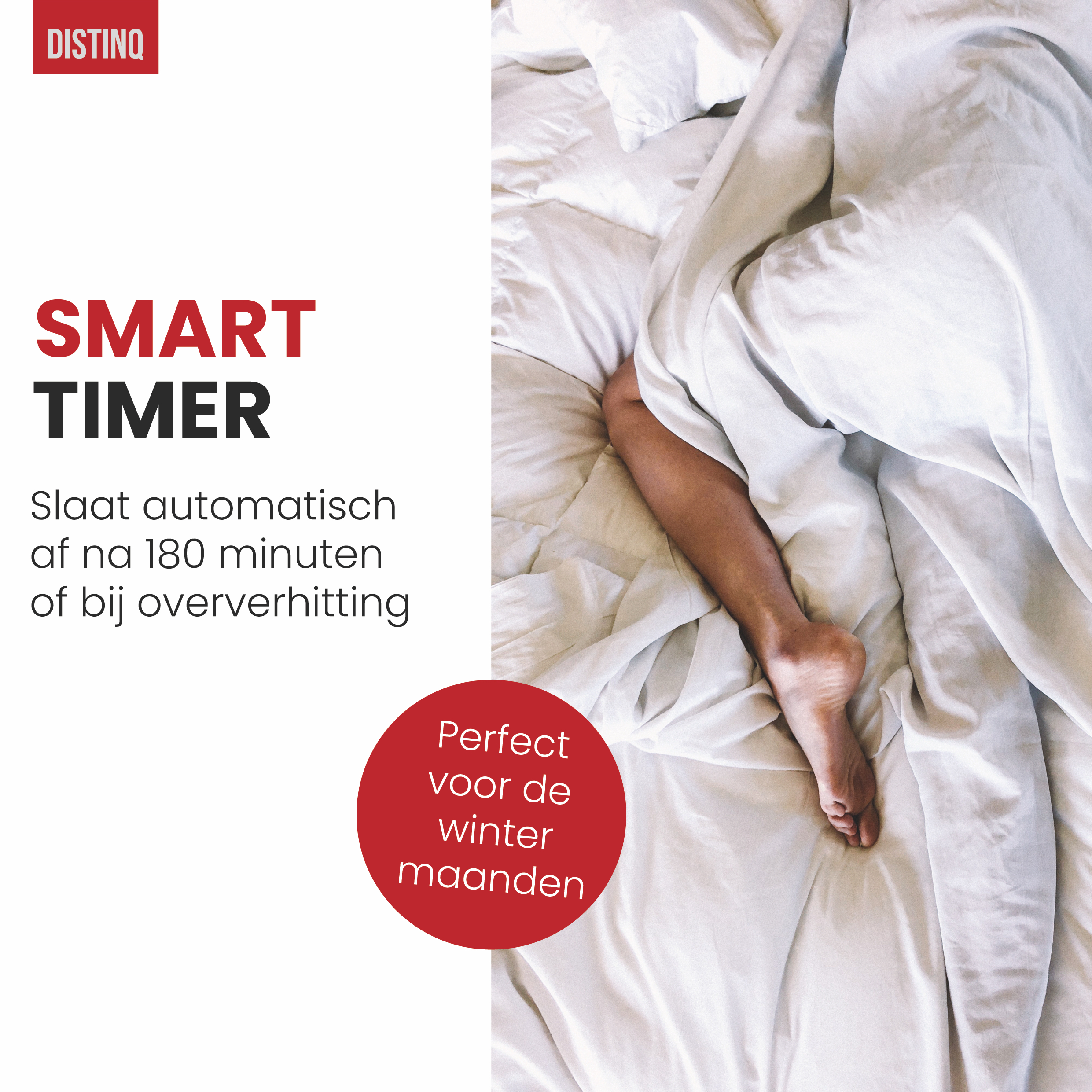Image shows a person's leg sticking out from under white sheets. Text and red circle are on top.