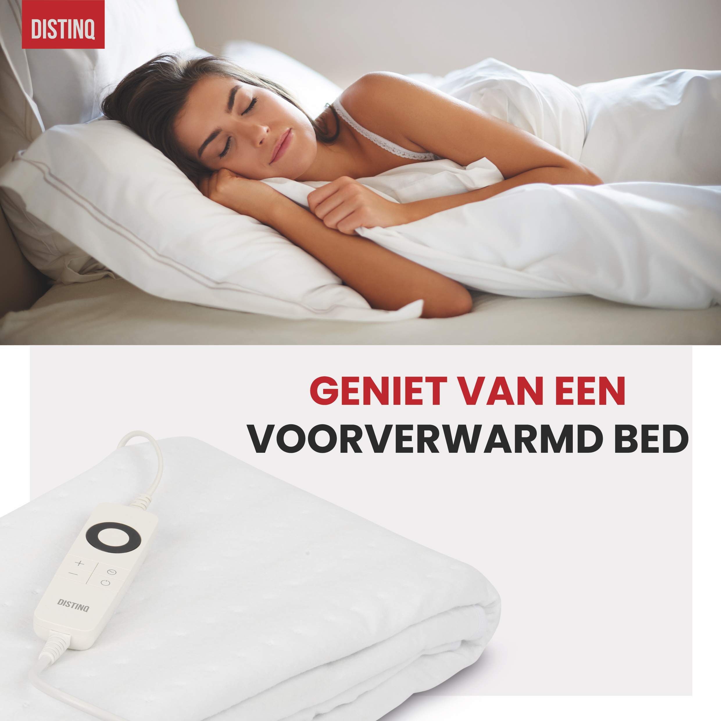 Woman sleeping on a bed with a heated blanket and remote control.