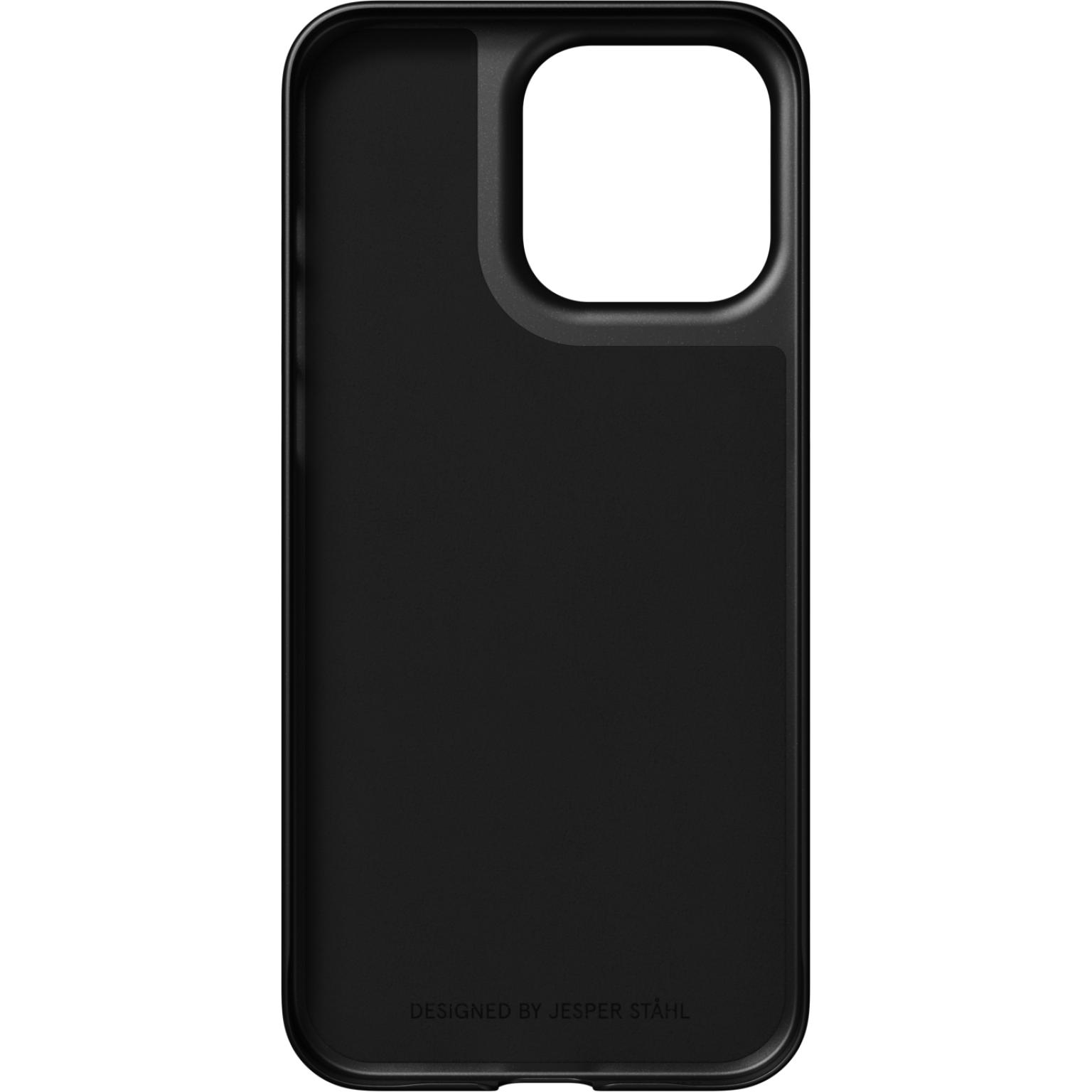 Coque de téléphone noire avec découpe pour caméra, du designer Jesper Stahl. La coque est lisse.