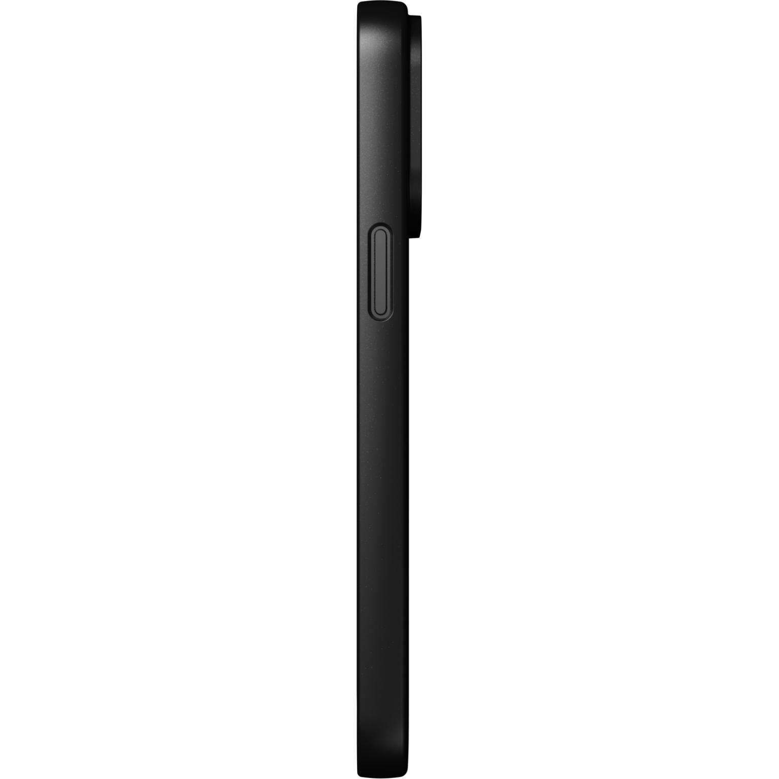 Vue latérale de la coque de téléphone noire, avec détail des boutons. Design épuré.