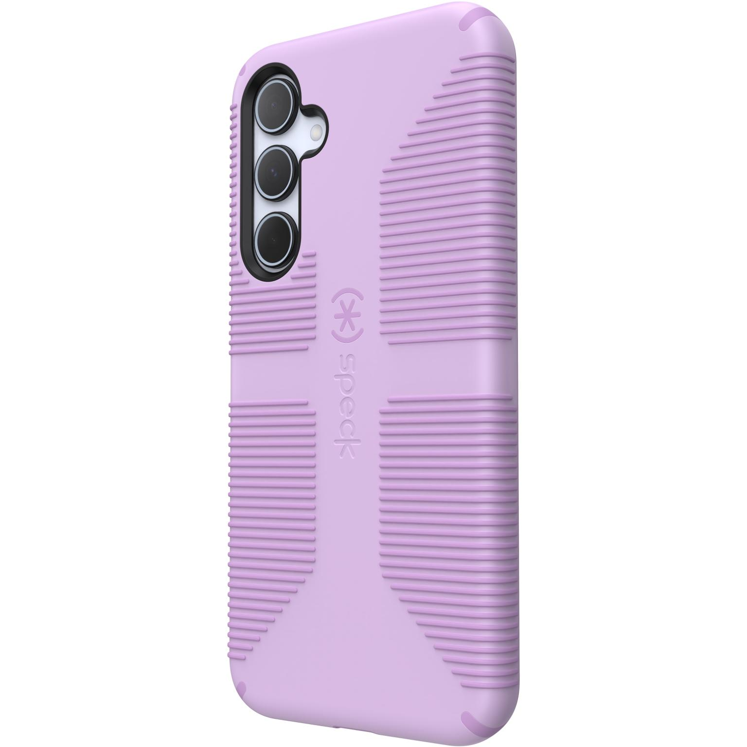 Lilac phone case with textured back, and camera opening. Brand logo on the case.