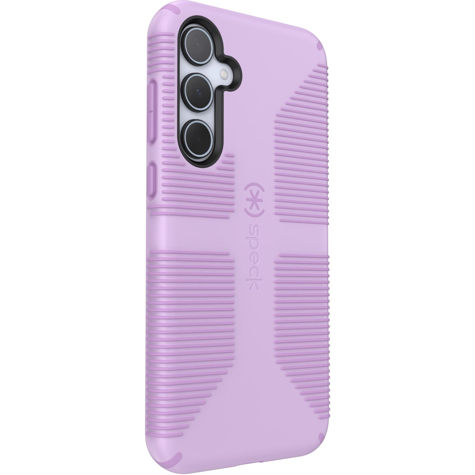 Lilac phone case with textured design. Speck logo. White background.