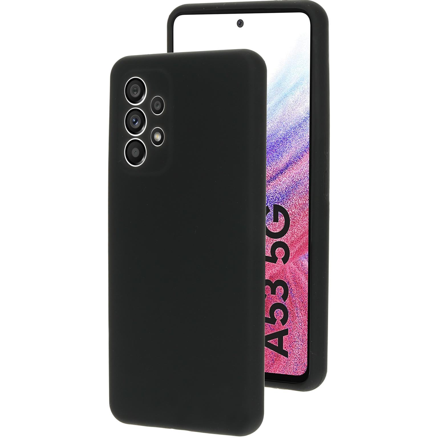 Zwarte telefoonhoes naast een Samsung A53 5G telefoon. De hoes bedekt de achterkant van de telefoon.