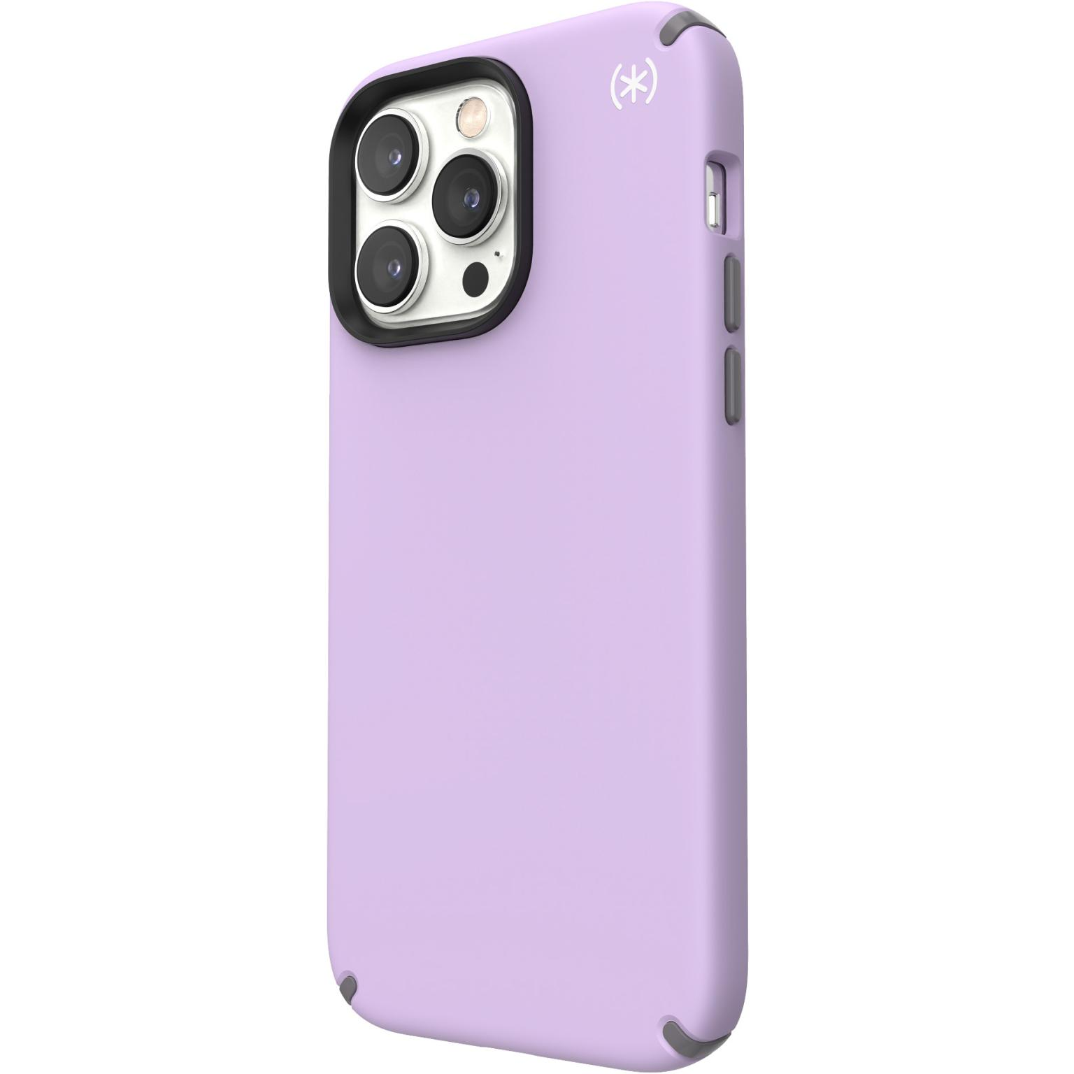 Lavender phone case with a camera cutout and rounded corners. Speck logo on the top right.