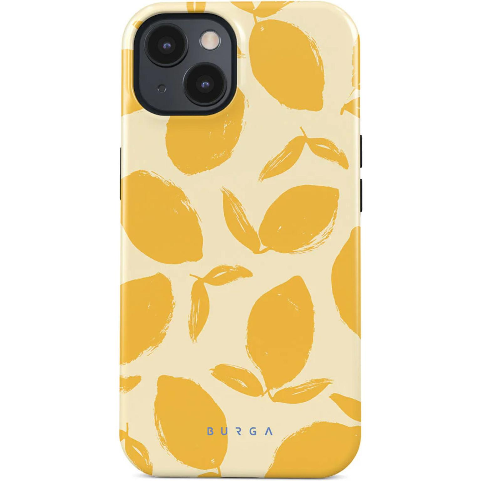 A phone case with a yellow lemon pattern on a light beige background.
