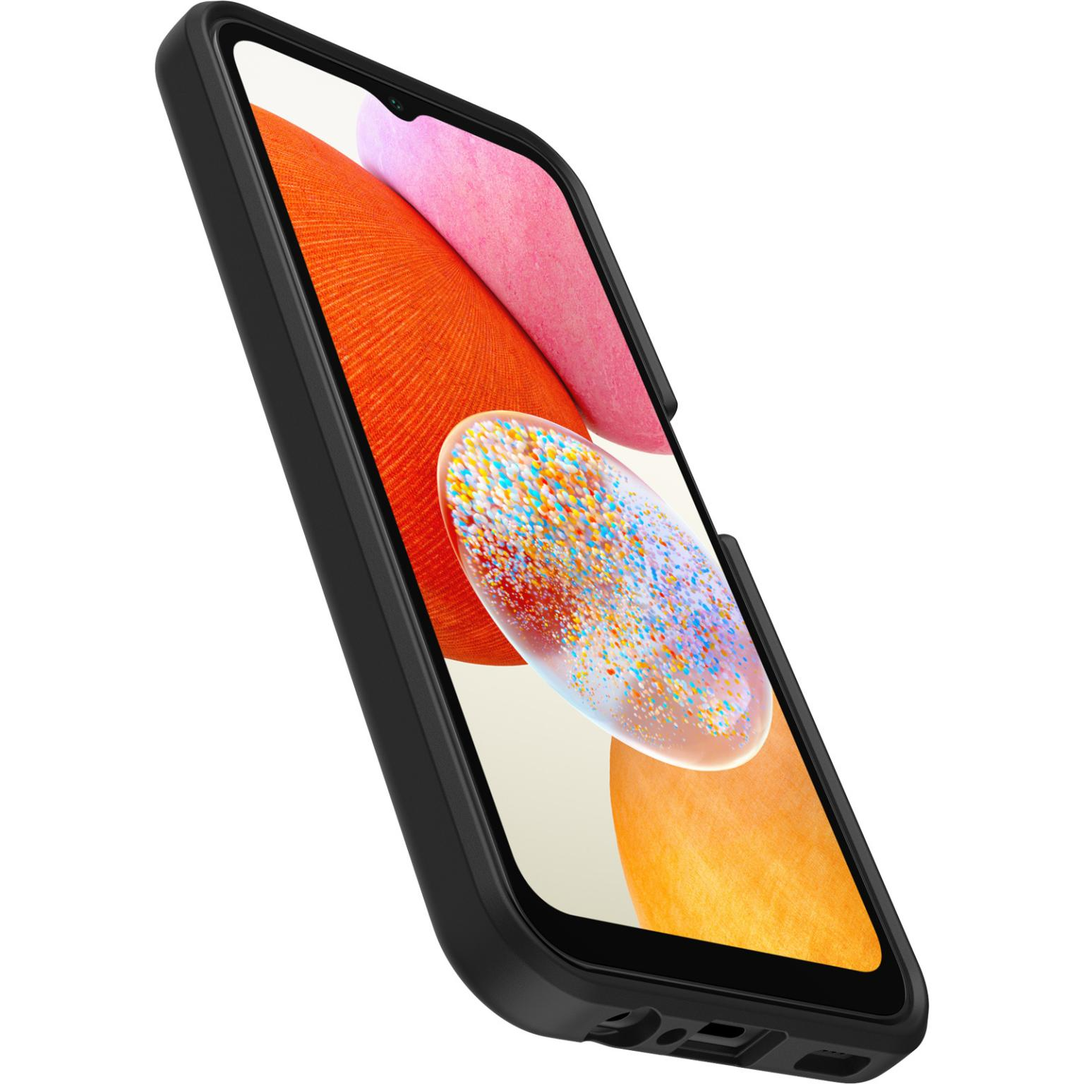 Custodia per telefono nera con sfondo colorato. Il telefono è angolato, mostrando lo schermo.