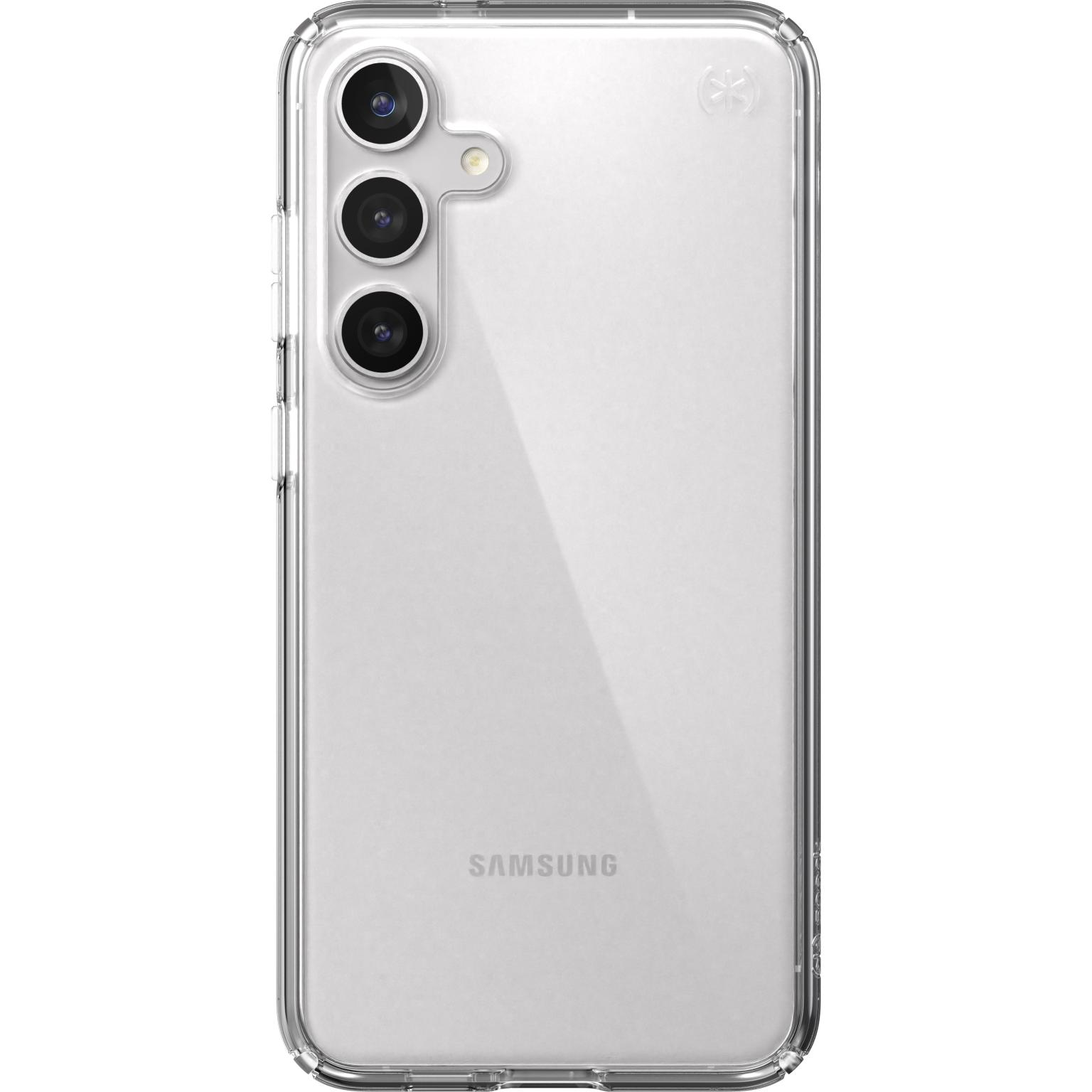 Clear phone case with a triple camera cutout. Samsung logo visible.