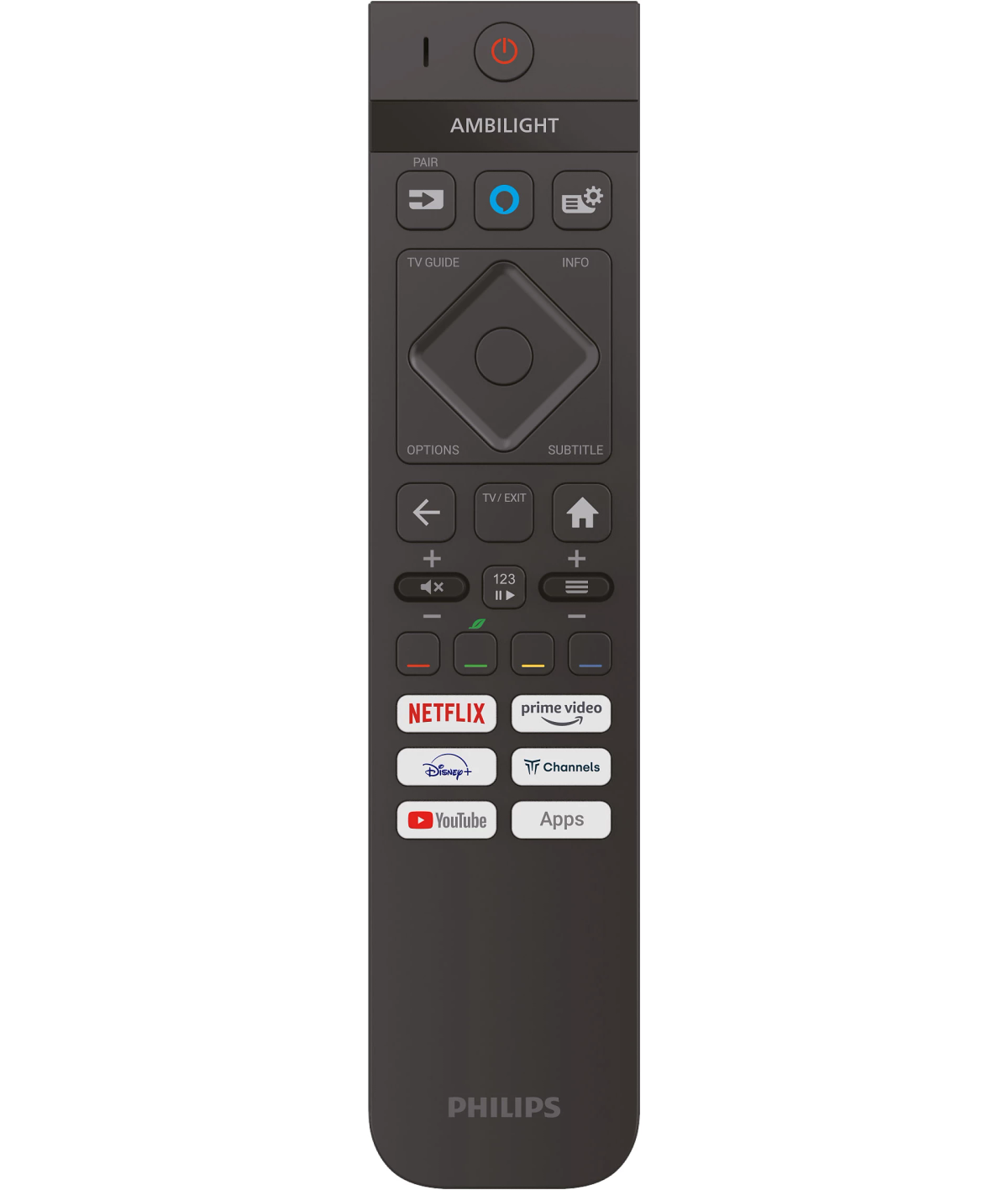 Czarny pilot do telewizora Philips z różnymi funkcjami przycisków.