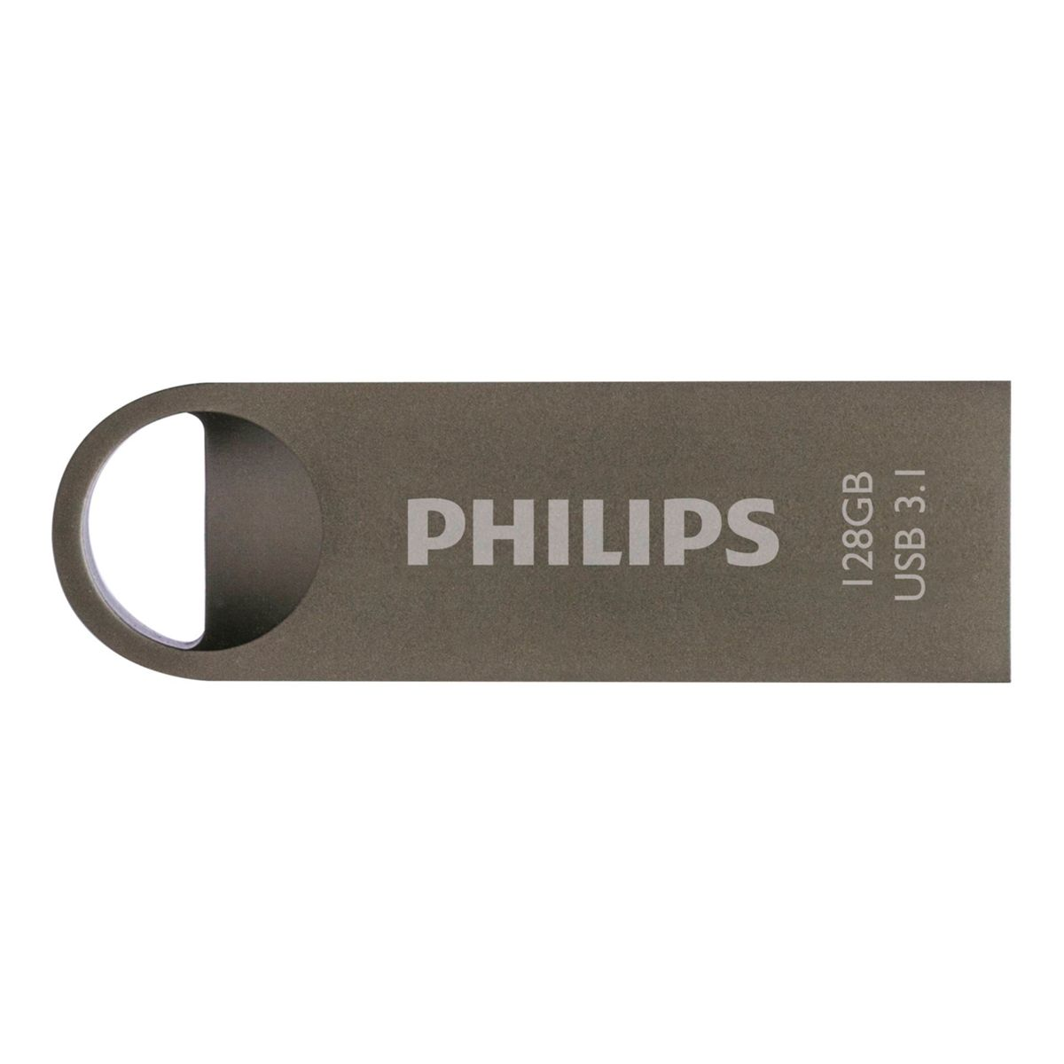 Szara pamięć USB z marką PHILIPS. Ma pojemność 128 GB i USB 3.1.