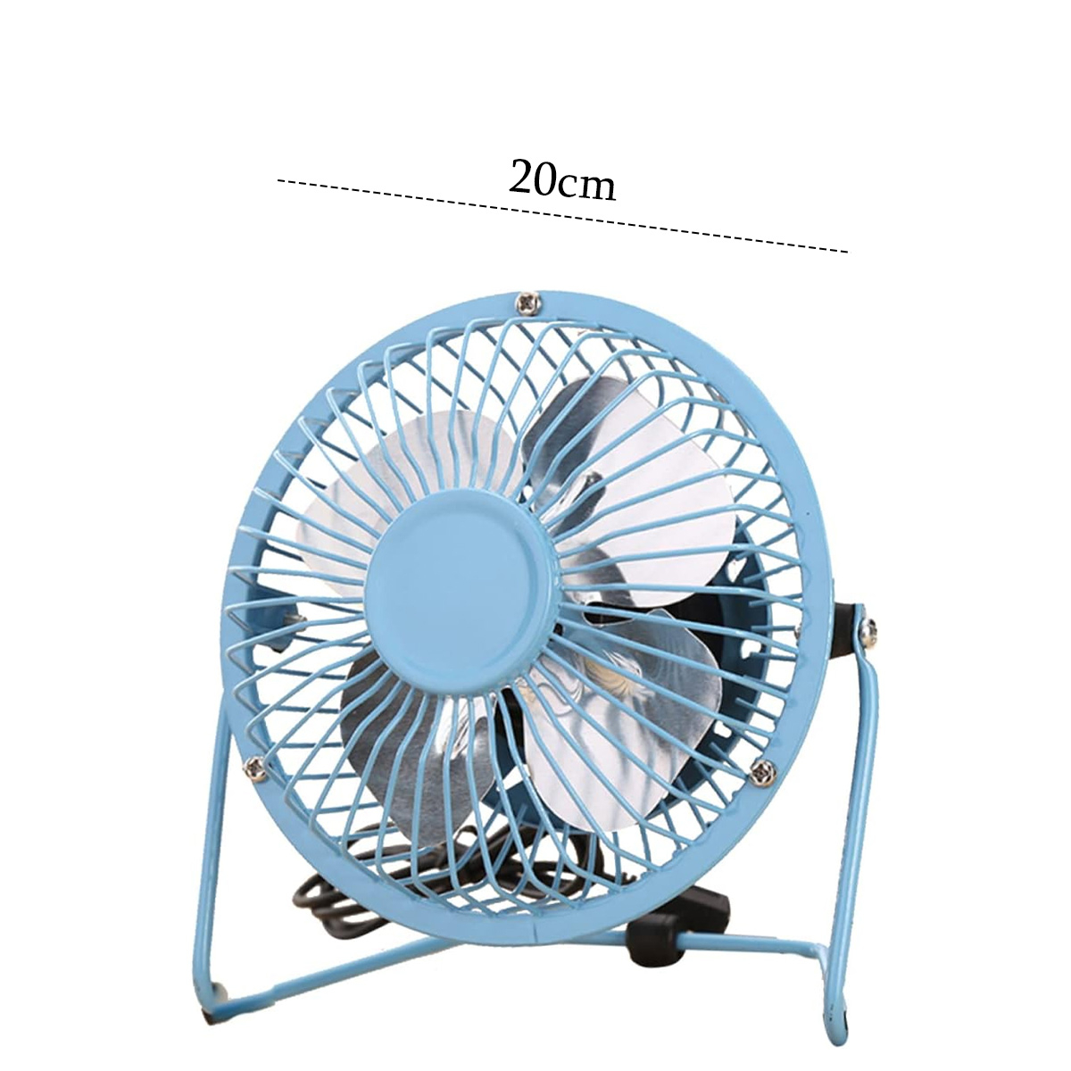 Ein kleiner blauer Ventilator mit kreisförmigem Rahmen und Flügeln, der auf einem Ständer steht. Text 20cm darüber.